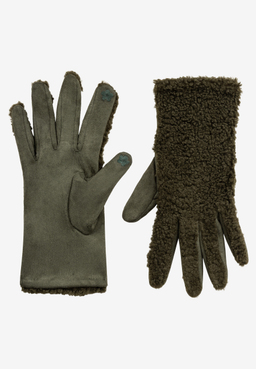 MORE & MORE Handschuhe in Khaki. Ein Paar Handschuhe aus Lammfellimitat mit weichem Futter und Stickerei.