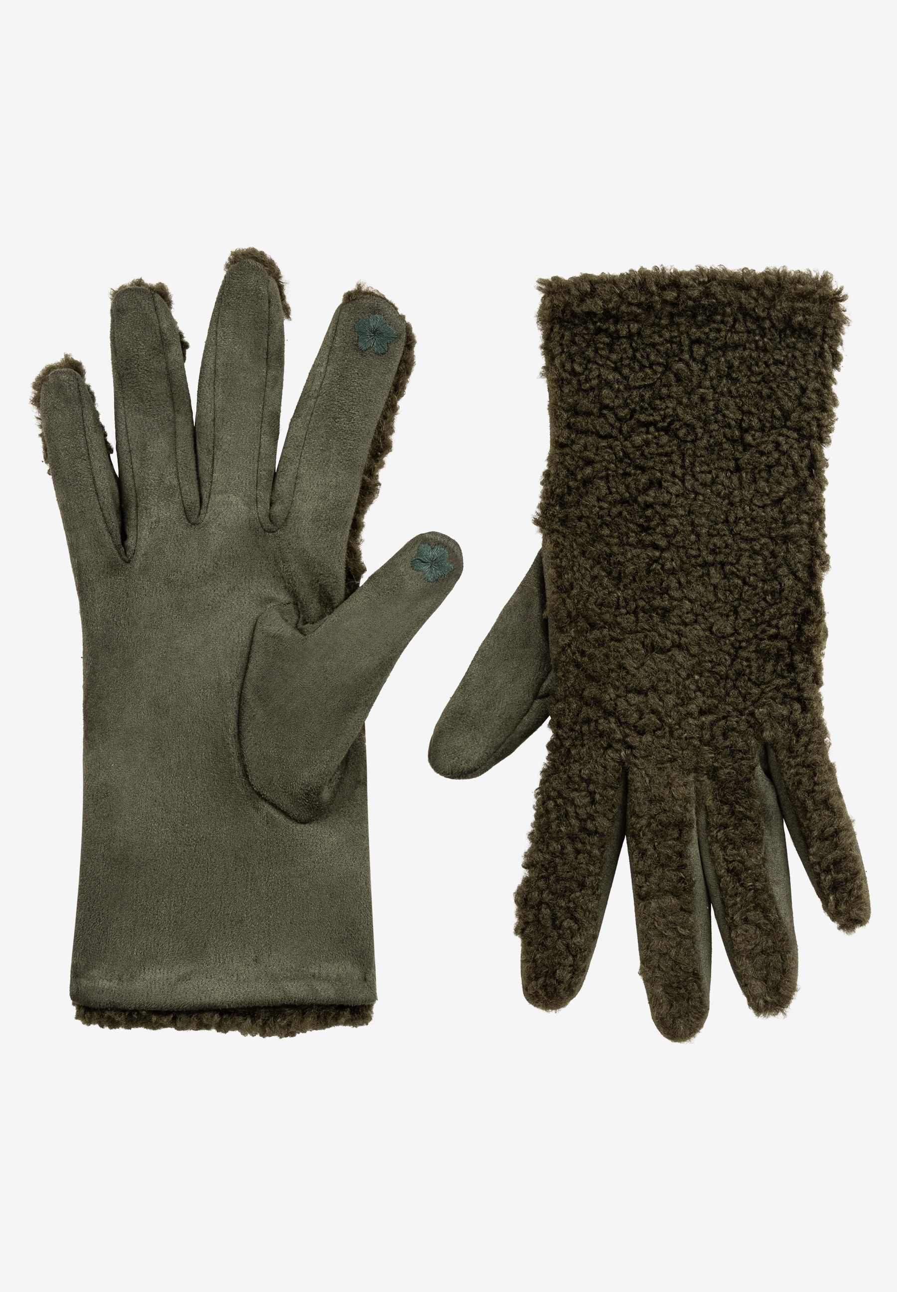 MORE & MORE Handschuhe in Khaki. Ein Paar Handschuhe aus Lammfellimitat mit weichem Futter und Stickerei. MORE & MORE Handschuhe in Khaki. Ein Paar Handschuhe aus Lammfellimitat mit weichem Futter und Stickerei.