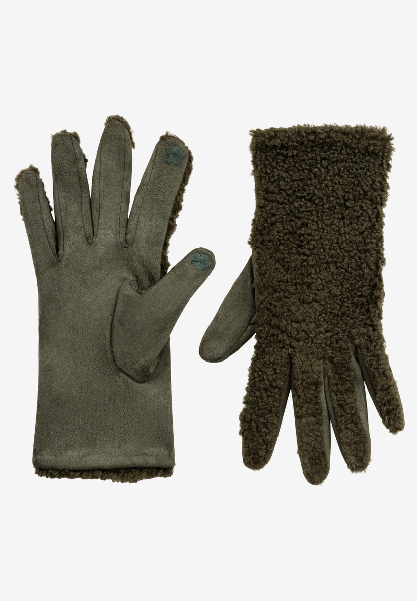 MORE & MORE Handschuhe in Khaki. Ein Paar Handschuhe aus Lammfellimitat mit weichem Futter und Stickerei. MORE & MORE Handschuhe in Khaki. Ein Paar Handschuhe aus Lammfellimitat mit weichem Futter und Stickerei.