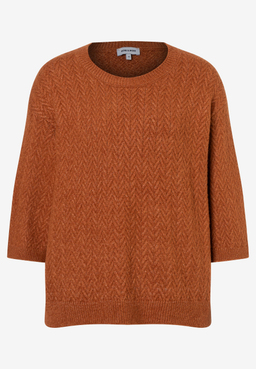 MORE & MORE Pullover in Rostbraun, grob gestrickt, mit V-Muster und kurzen Ärmeln. Der Bund ist gerippt.