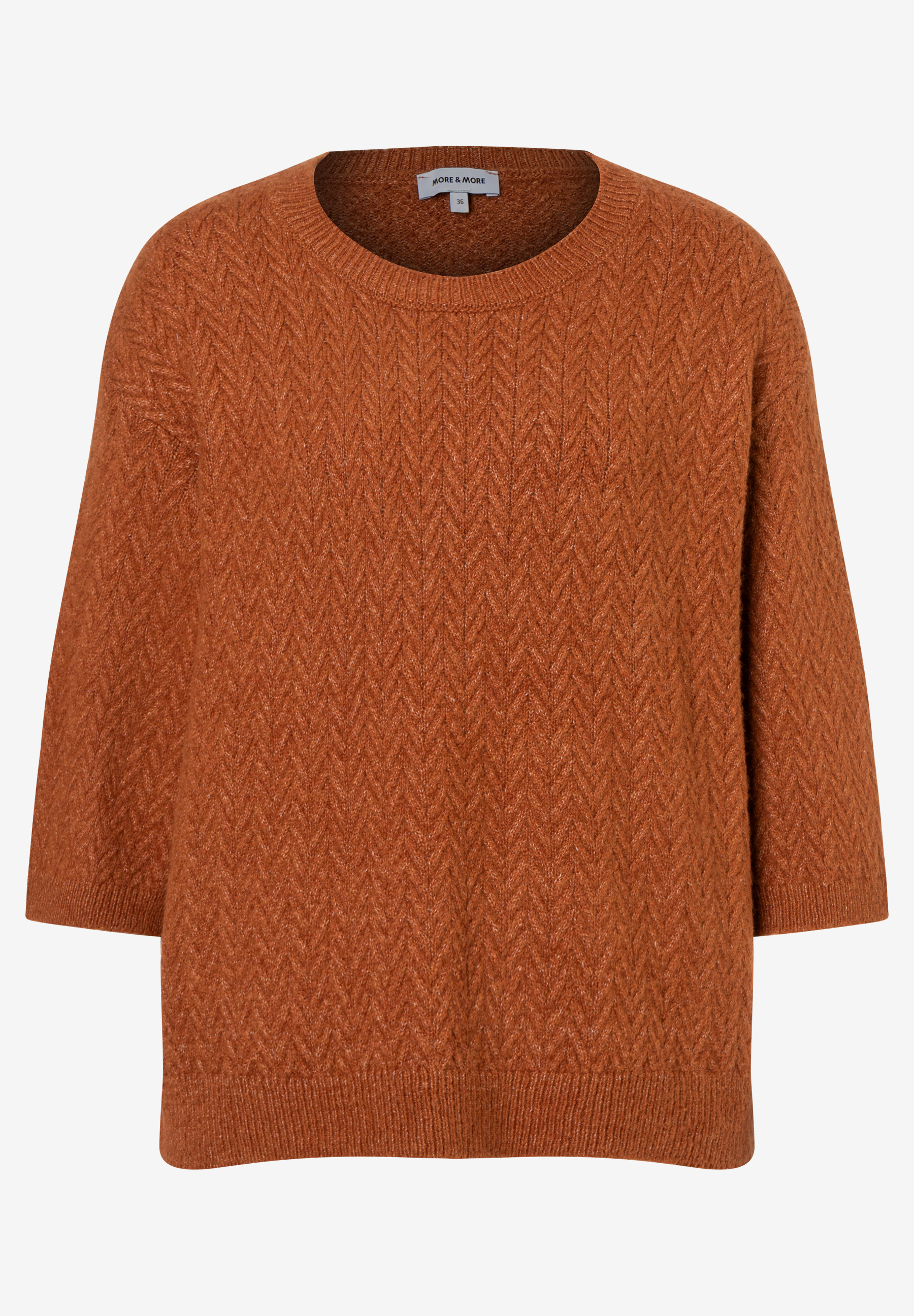 MORE & MORE Zopfstrick-Pullover in Rostbraun mit Rundhalsausschnitt und 3/4-Ärmeln, wärmend und elastisch. MORE & MORE Zopfstrick-Pullover in Rostbraun mit Rundhalsausschnitt und 3/4-Ärmeln, wärmend und elastisch.