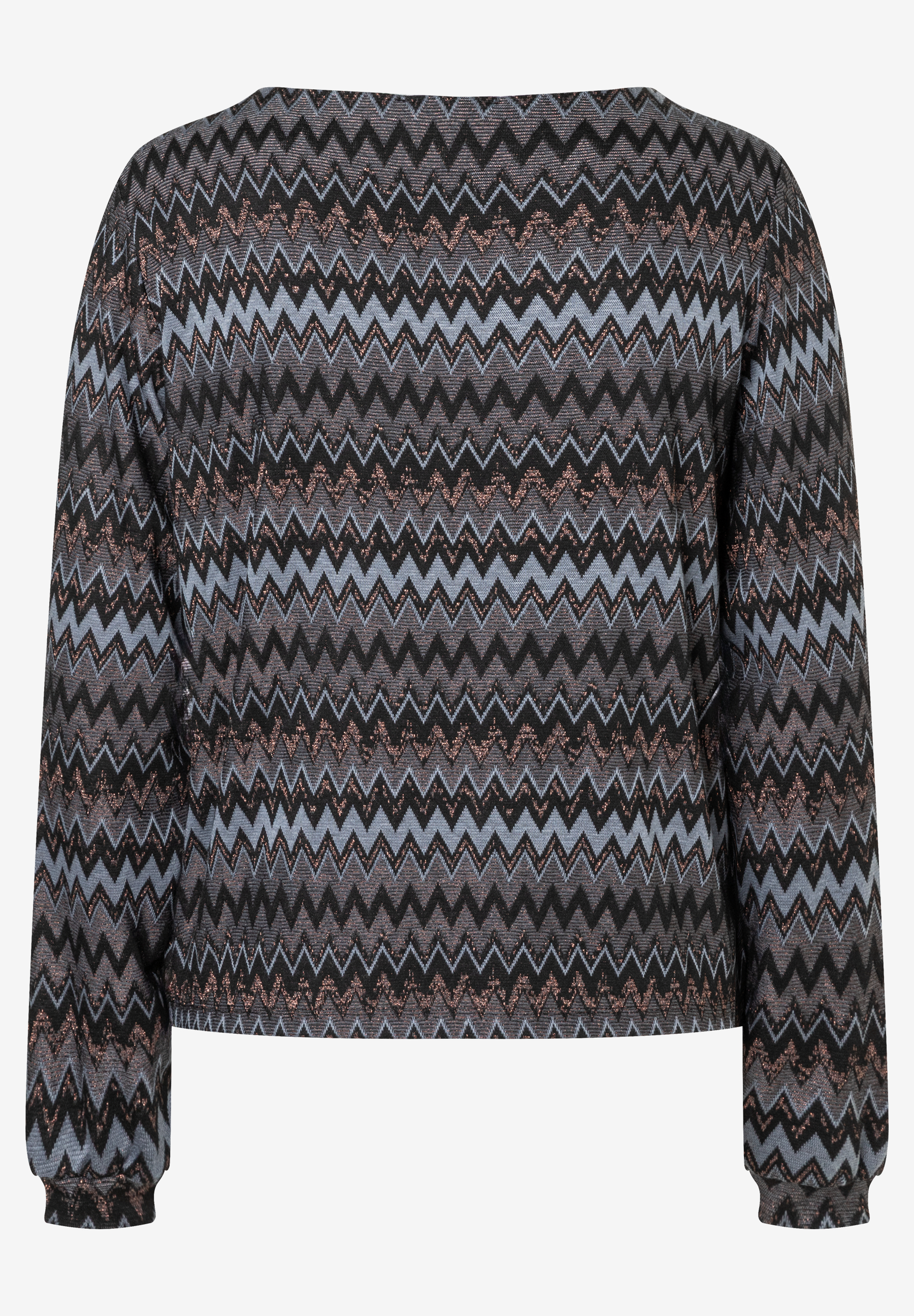 Ein MORE & MORE Oberteil mit Zickzackmuster in Grau-, Schwarz- und Blautönen. Jersey mit angenehmem Tragekomfort. Ein MORE & MORE Oberteil mit Zickzackmuster in Grau-, Schwarz- und Blautönen. Jersey mit angenehmem Tragekomfort.