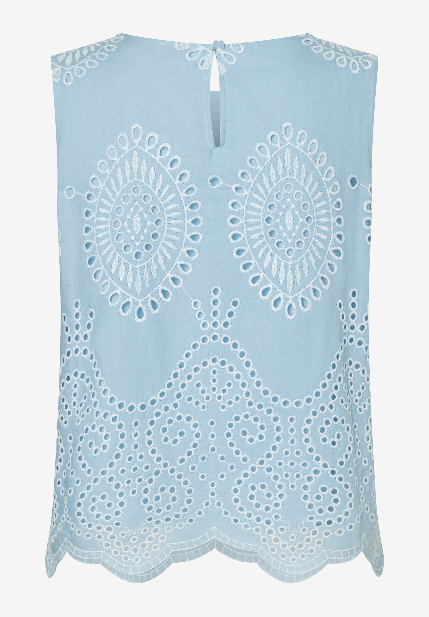 Rückenansicht einer hellblauen MORE & MORE Bluse mit Lochstickerei.