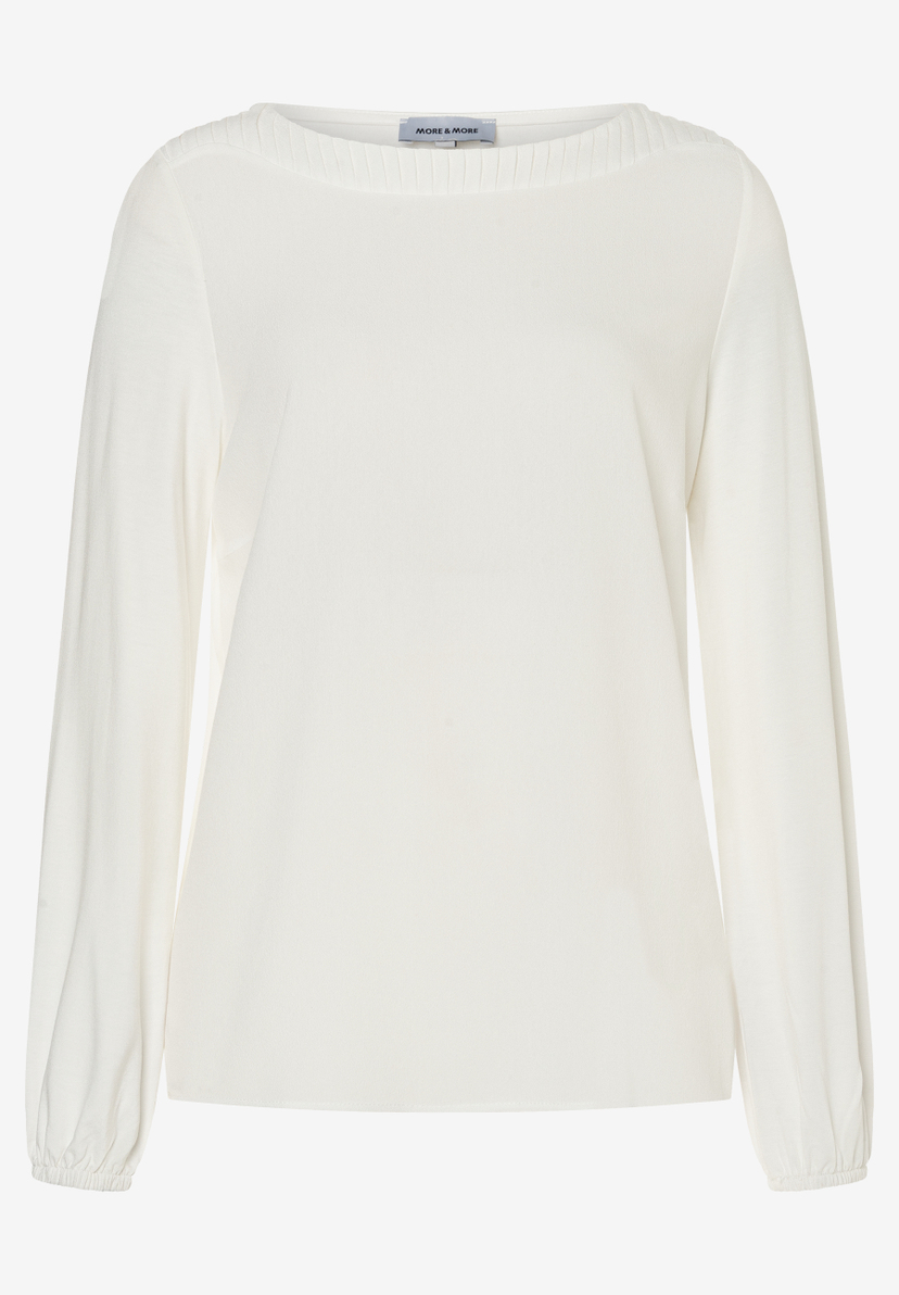 MORE & MORE weiße Bluse mit langen Ärmeln, gerüschten Manschetten und Rüschendetails am Rundhalsausschnitt. MORE & MORE weiße Bluse mit langen Ärmeln, gerüschten Manschetten und Rüschendetails am Rundhalsausschnitt.