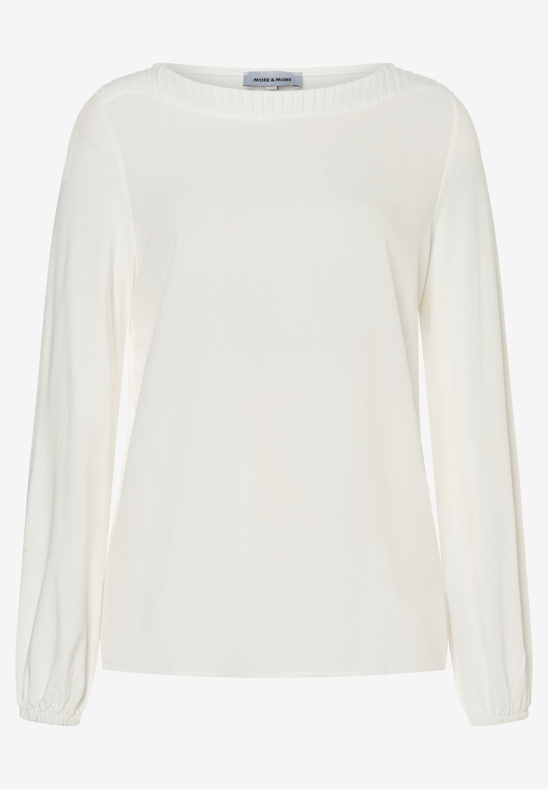 MORE & MORE weiße Bluse mit langen Ärmeln, gerüschten Manschetten und Rüschendetails am Rundhalsausschnitt. MORE & MORE weiße Bluse mit langen Ärmeln, gerüschten Manschetten und Rüschendetails am Rundhalsausschnitt.