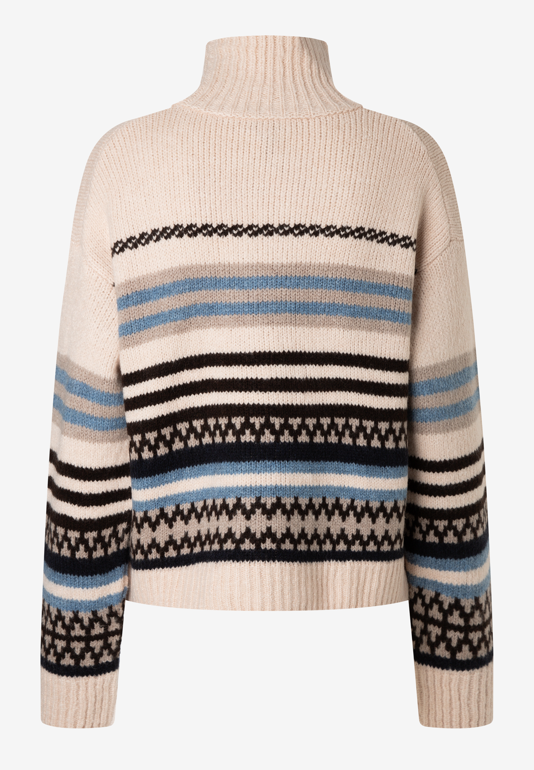 MORE & MORE Damenpullover: Beiger Strickpullover mit Rollkragen, breiten Querstreifen in Schwarz, Blau und Grau sowie Zickzackmuster. 