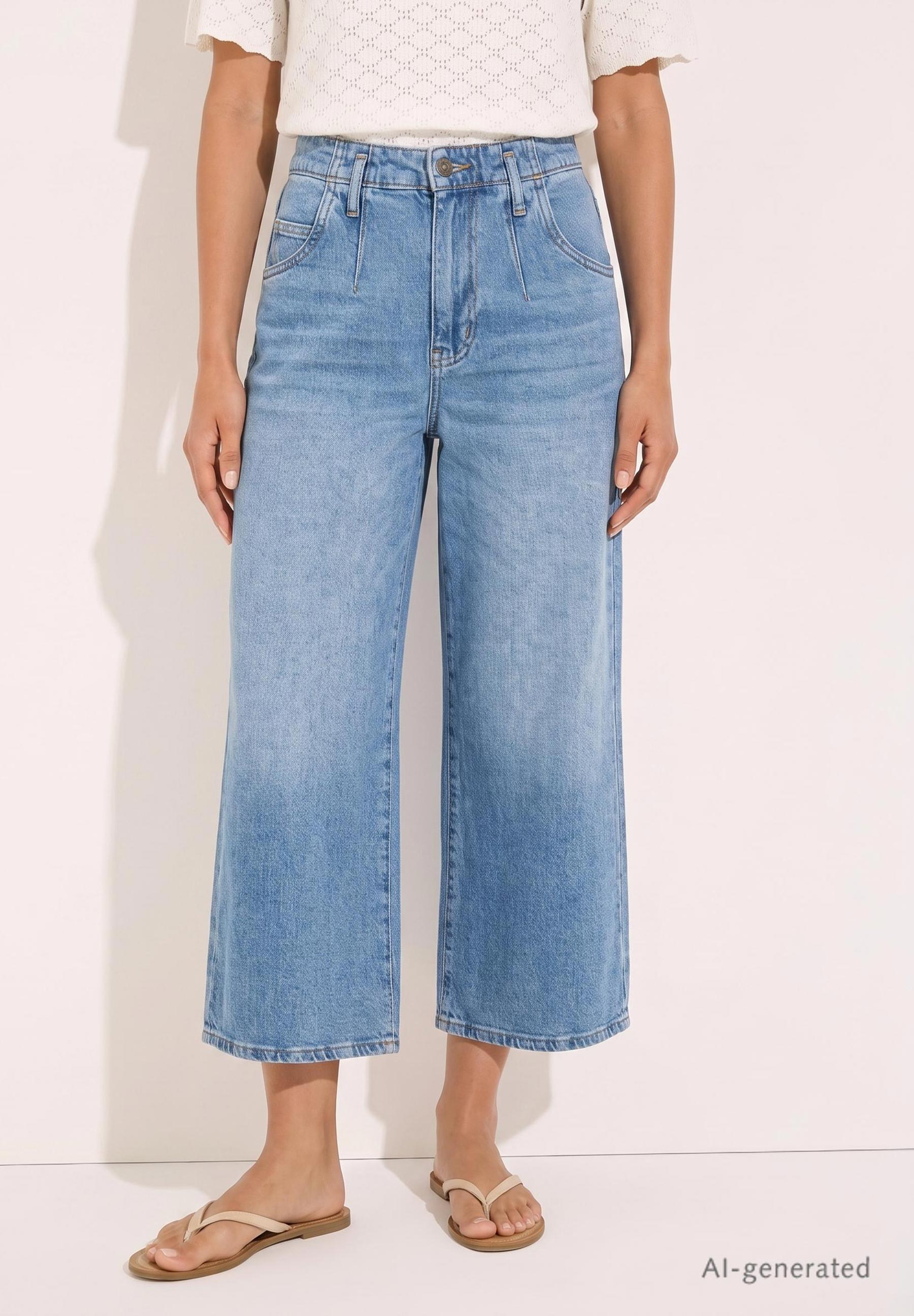 MORE & MORE Jeans: Helle Blue Denim Culotte mit Bundfalten und weitem Bein. Kombiniert mit weißem Oberteil und beigen Sandalen.