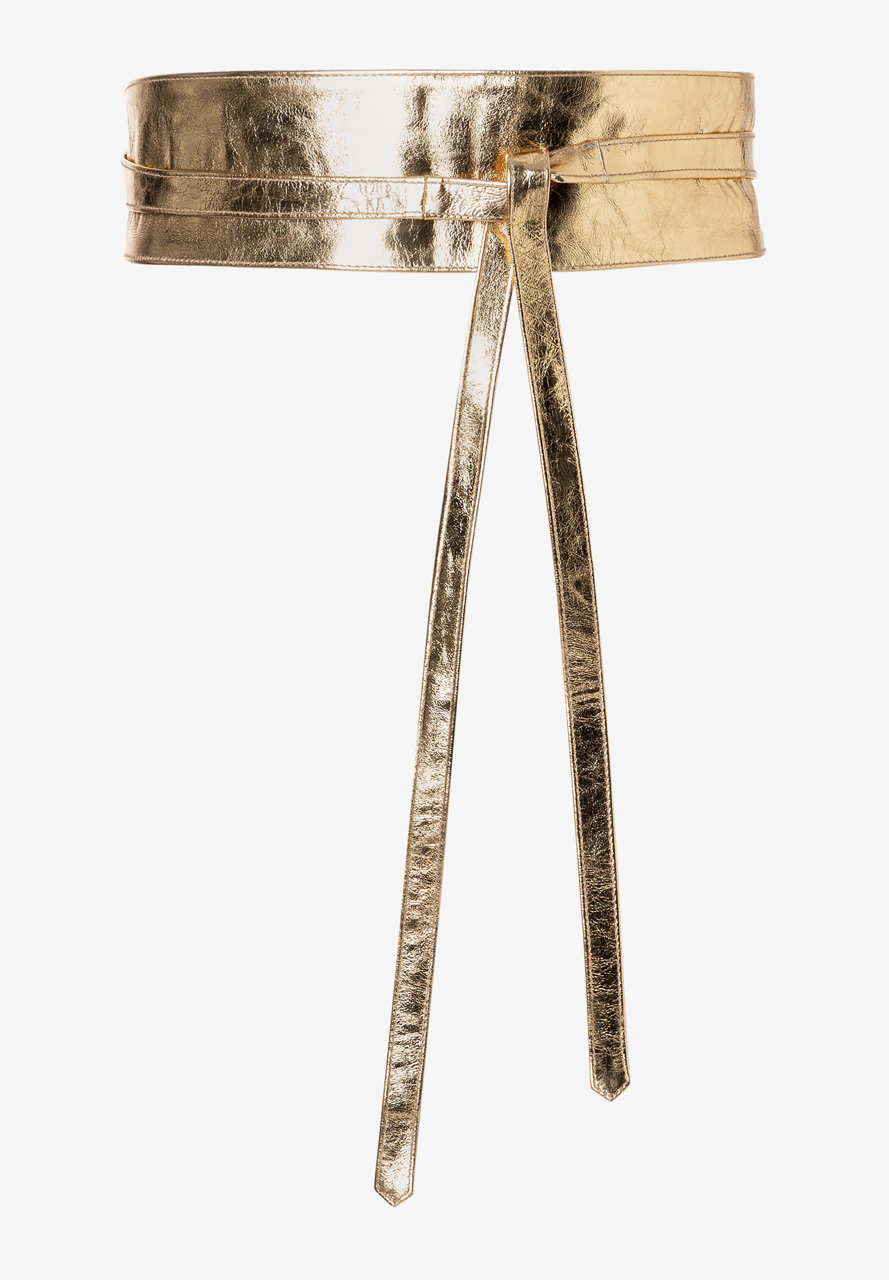 Ein goldfarbener MORE & MORE Gürtel aus Echtleder mit langen Bändern auf einem weißen Hintergrund. Ein goldfarbener MORE & MORE Gürtel aus Echtleder mit langen Bändern auf einem weißen Hintergrund.
