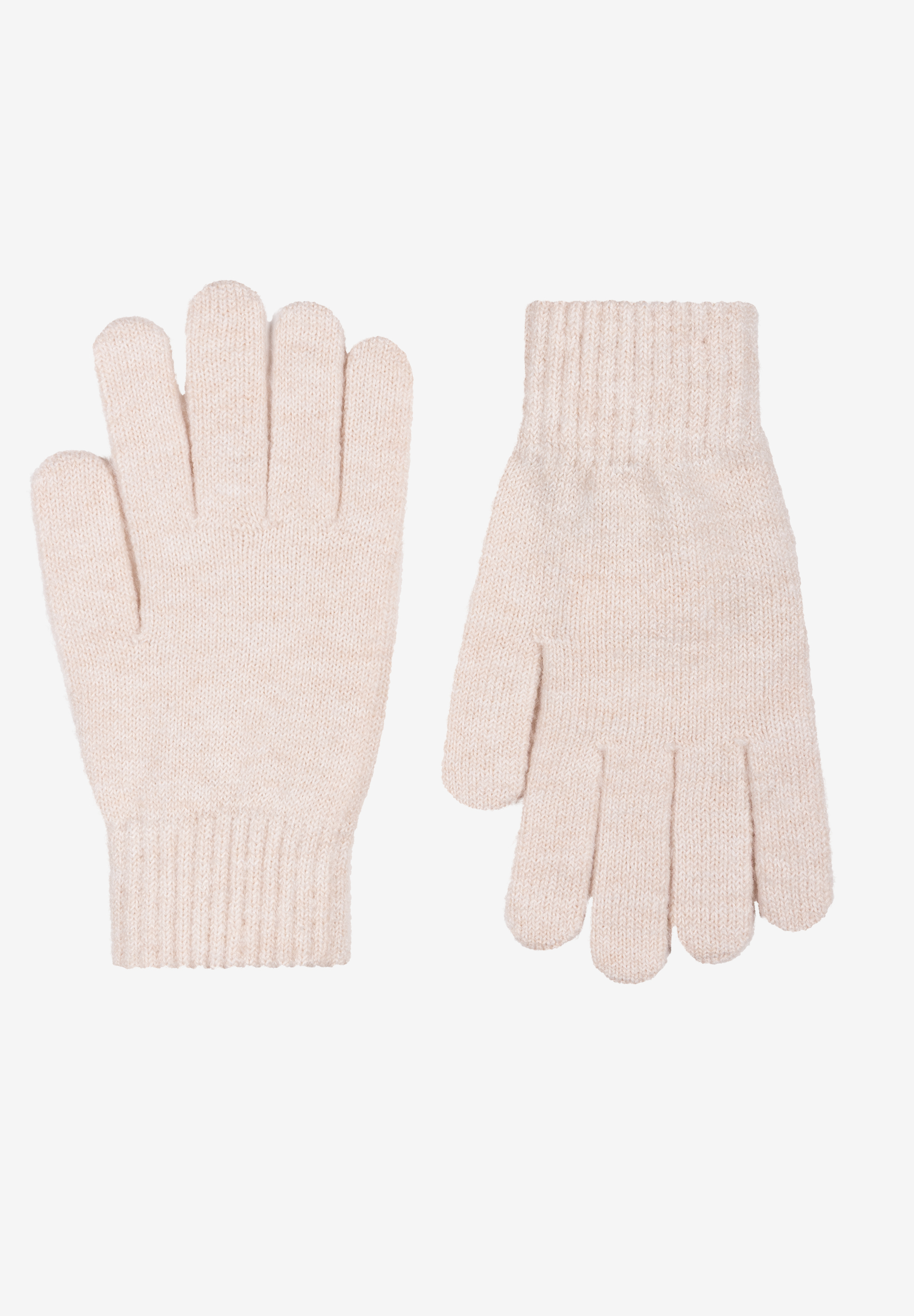 MORE & MORE Accessoires: Beigefarbene Strickhandschuhe aus Wolle, auf hellem Hintergrund liegend