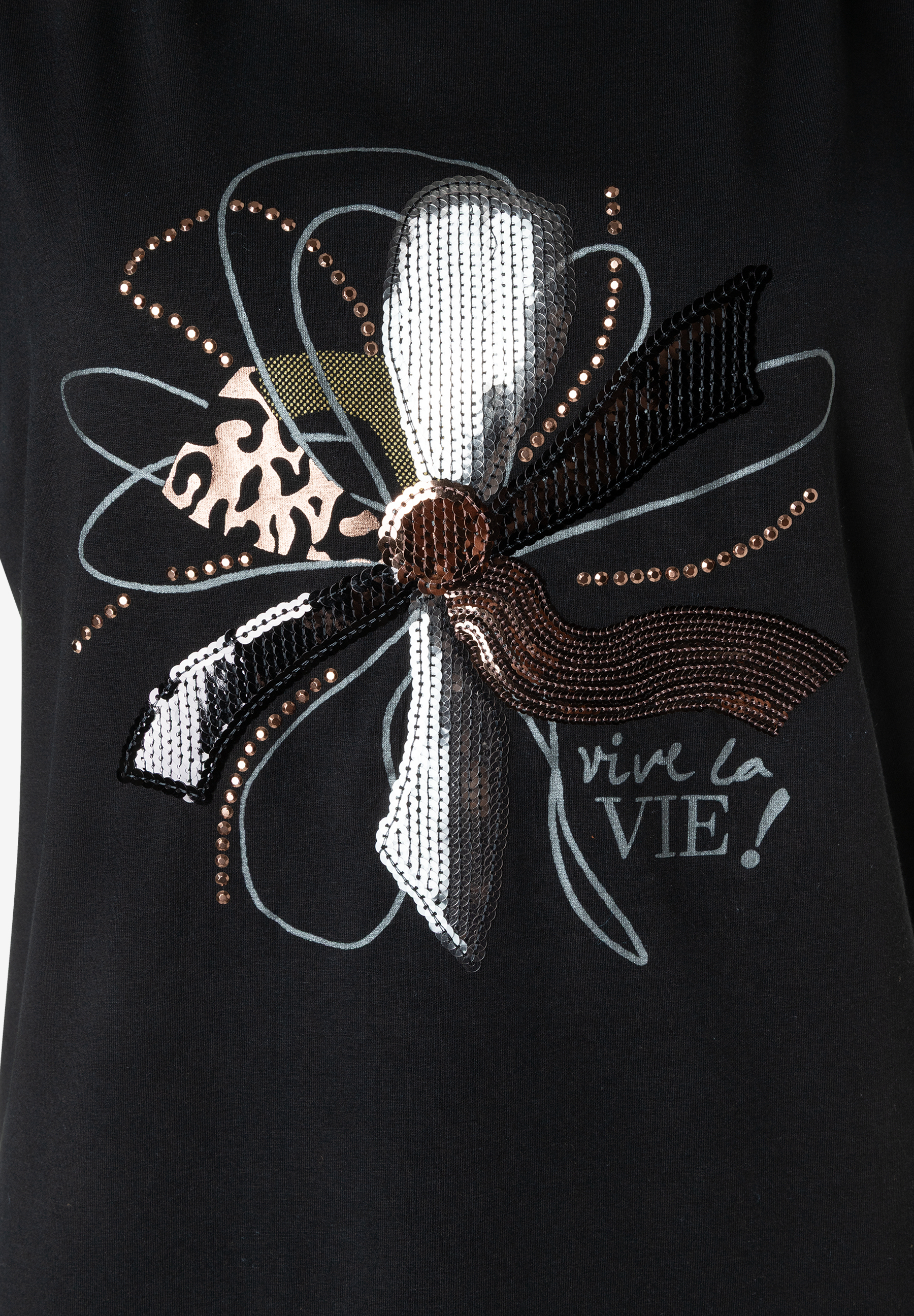 MORE & MORE Jersey-Oberteil mit floraler Applikation aus Pailletten und Strass in Schwarz MORE & MORE Jersey-Oberteil mit floraler Applikation aus Pailletten und Strass in Schwarz