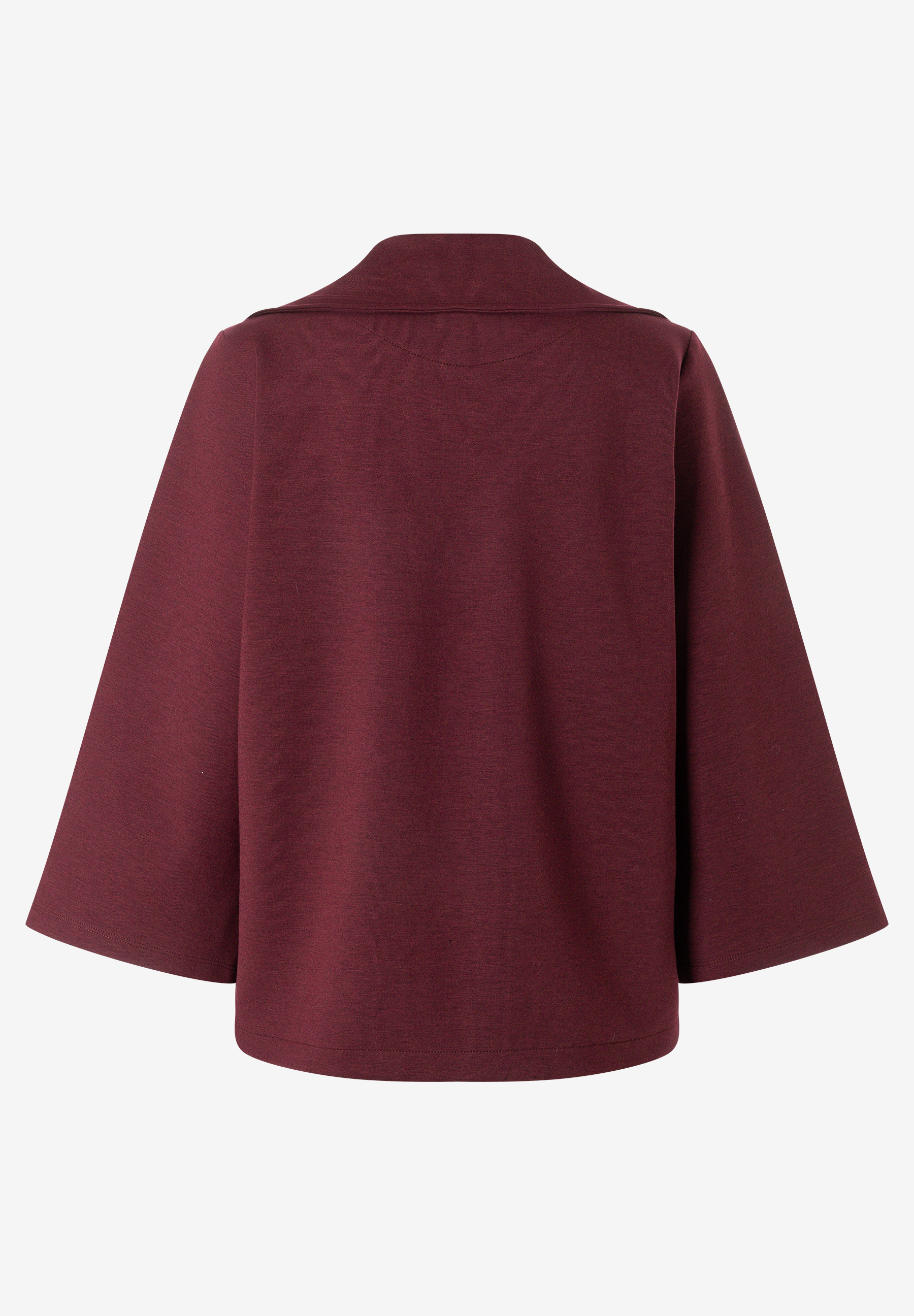 MORE & MORE Damen T-Shirt/Top in Burgunderrot. Kurzärmlig mit weitem Kragen und lockerem Schnitt, Rückansicht auf Grau.