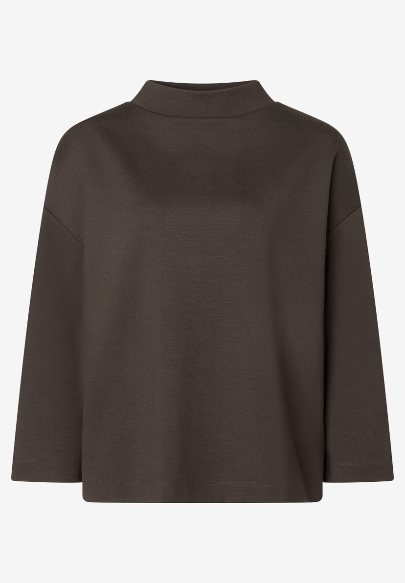 MORE & MORE Damen T-Shirt in Dunkelbraun, mit 3/4-Ärmeln und kurzem Stehkragen, leicht fallend.