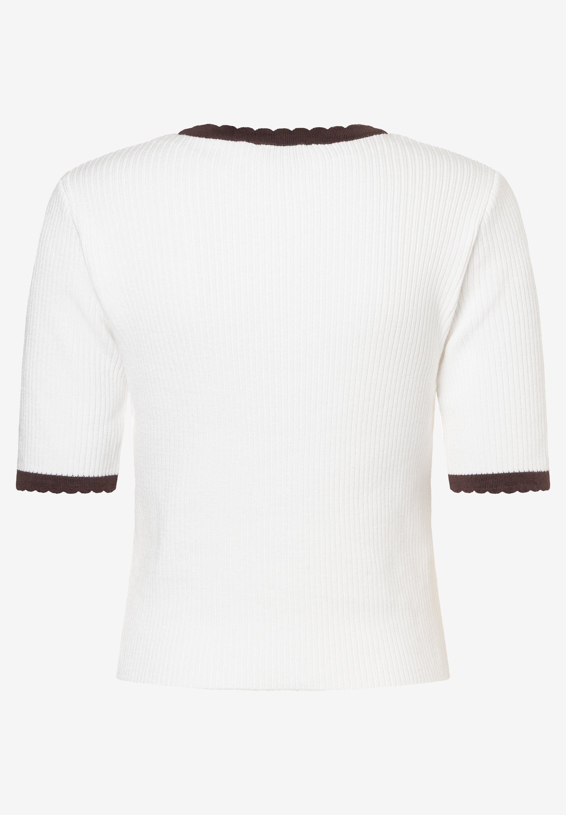 MORE & MORE Rippstrick-Pullover in Weiß mit gerüschten, dunkelbraunen Bündchen an Kragen & halblangen Ärmeln. MORE & MORE Rippstrick-Pullover in Weiß mit gerüschten, dunkelbraunen Bündchen an Kragen & halblangen Ärmeln.