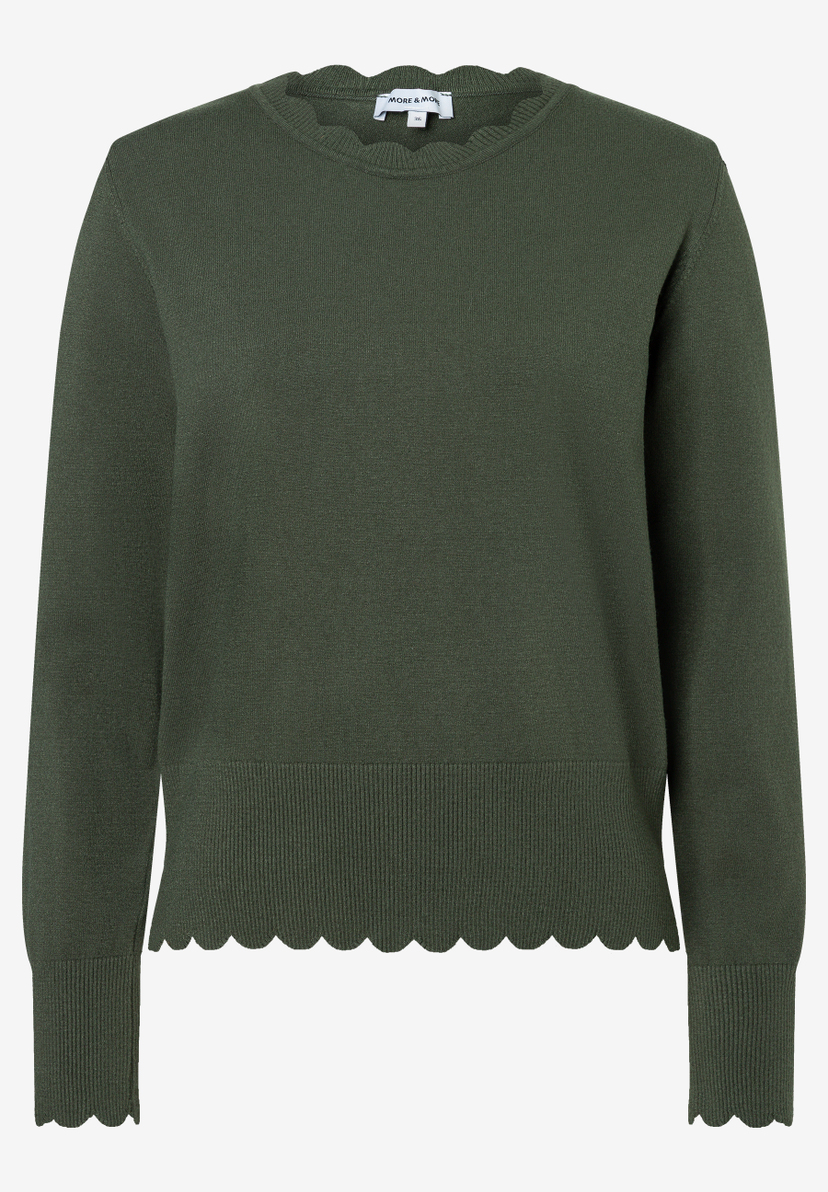 MORE & MORE Feinstrick-Pullover in Olivgrün mit Wellenkanten an Rundhals, Saum und Ärmelbündchen
