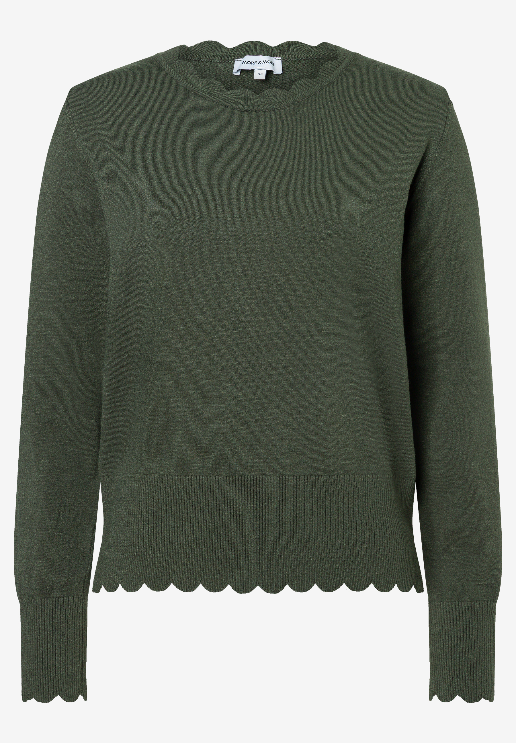 MORE & MORE Feinstrick-Pullover in Olivgrün mit Wellenkanten an Rundhals, Saum und Ärmelbündchen