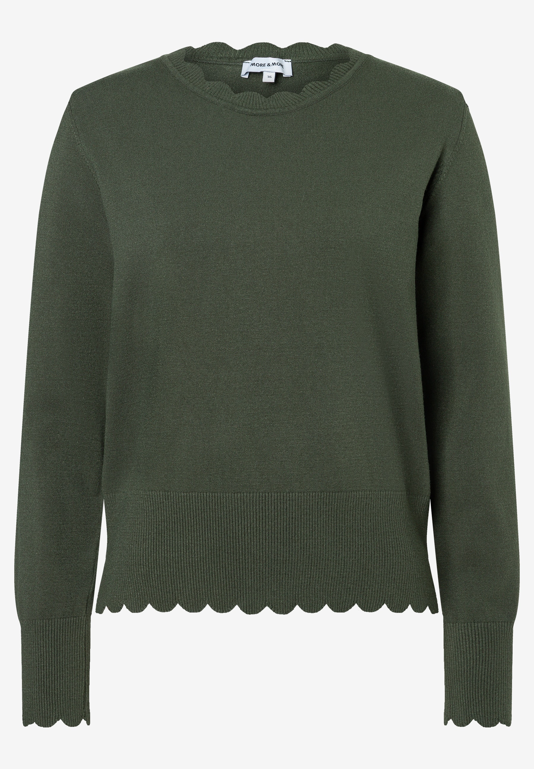 MORE & MORE Feinstrick-Pullover in Olivgrün mit Wellenkanten an Rundhals, Saum und Ärmelbündchen MORE & MORE Feinstrick-Pullover in Olivgrün mit Wellenkanten an Rundhals, Saum und Ärmelbündchen