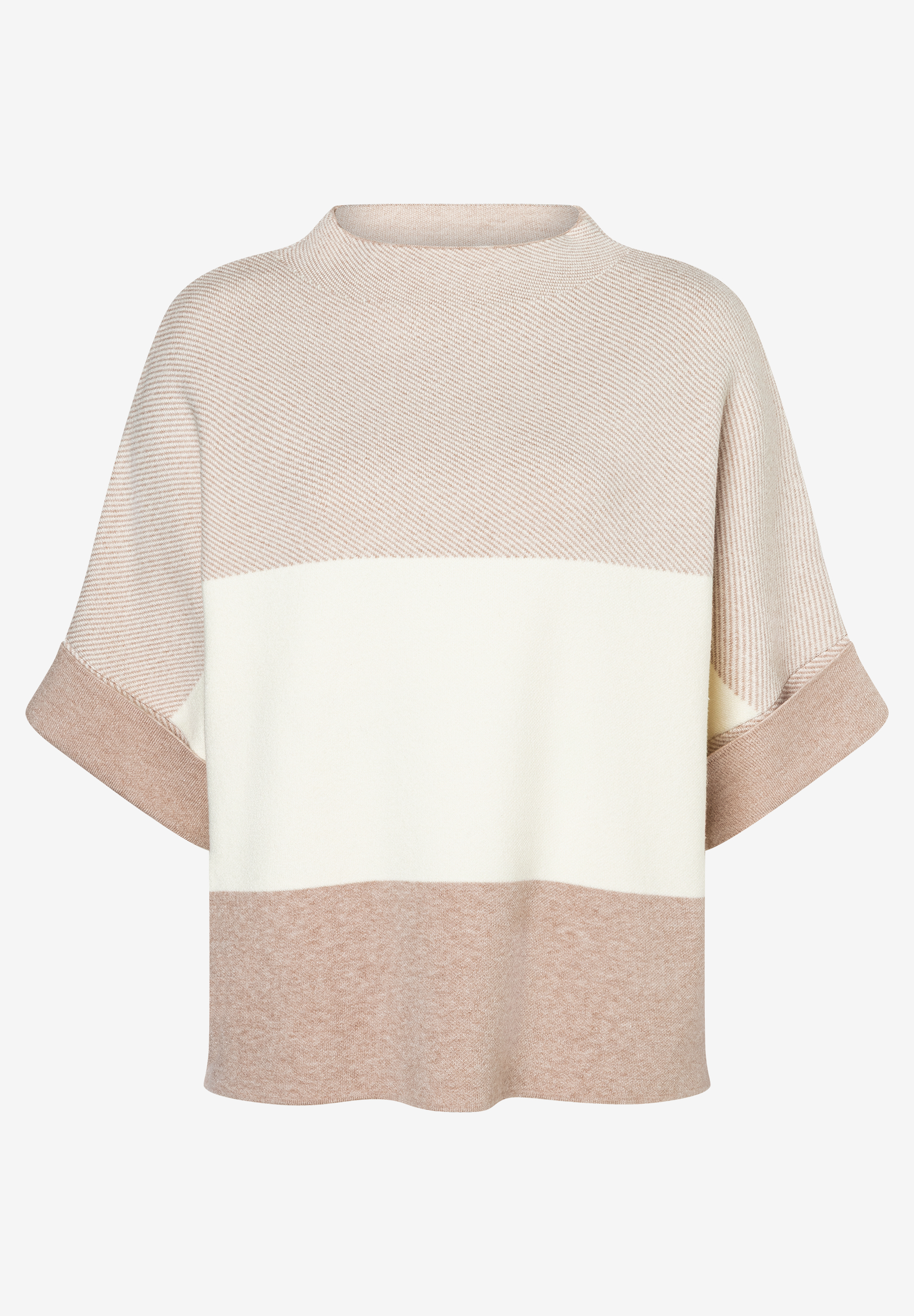 Ein MORE & MORE Pullover-Strickwaren mit kurzen Ärmeln und breiten, horizontalen Blockfarben. Ein MORE & MORE Pullover-Strickwaren mit kurzen Ärmeln und breiten, horizontalen Blockfarben.