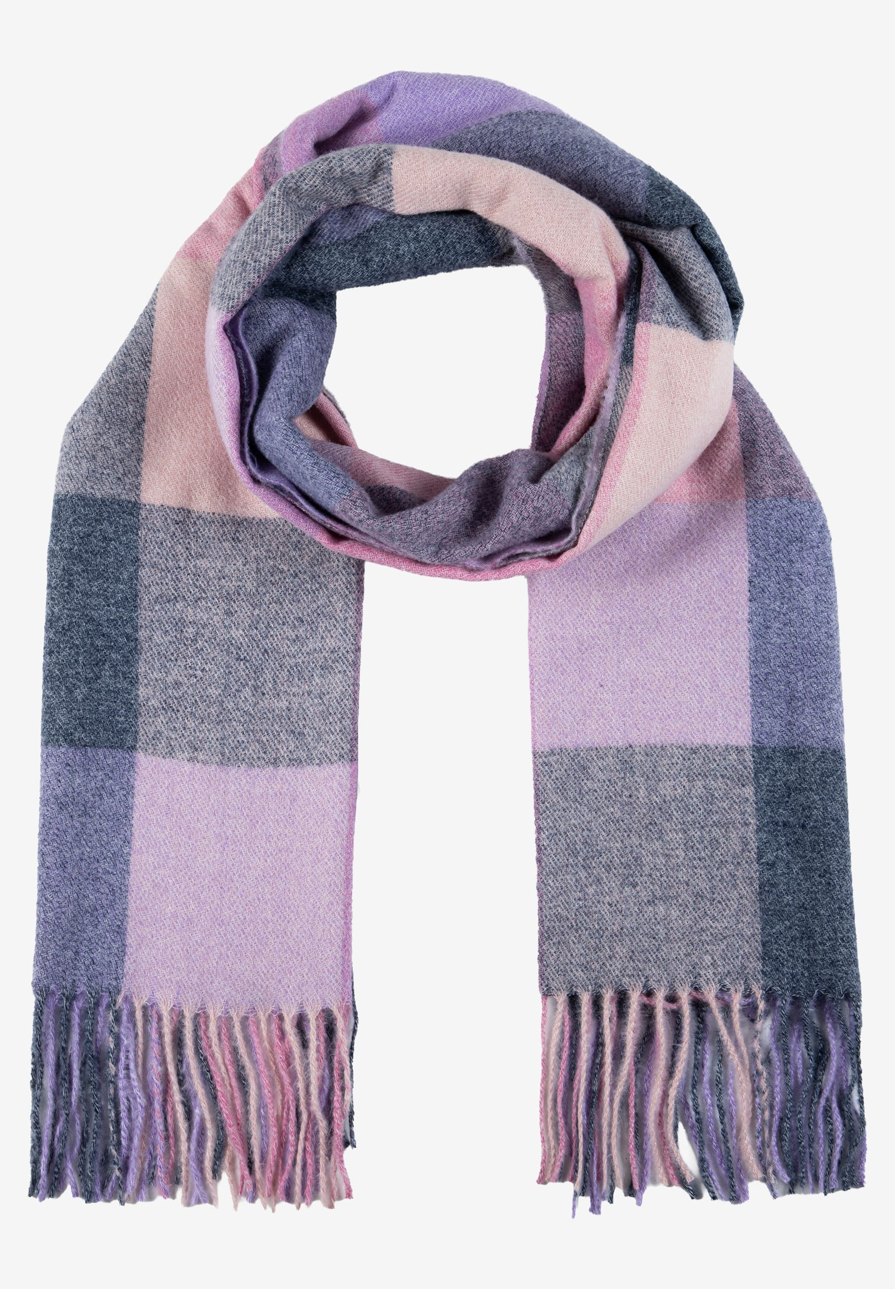 MORE & MORE Schal mit Blockkaro-Muster in Rosa, Violett und Grau, Fransen am Ende, Accessoire. MORE & MORE Schal mit Blockkaro-Muster in Rosa, Violett und Grau, Fransen am Ende, Accessoire.