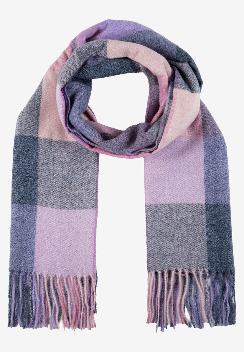 MORE & MORE Schal mit Blockkaro-Muster in Rosa, Violett und Grau, Fransen am Ende, Accessoire. MORE & MORE Schal mit Blockkaro-Muster in Rosa, Violett und Grau, Fransen am Ende, Accessoire.