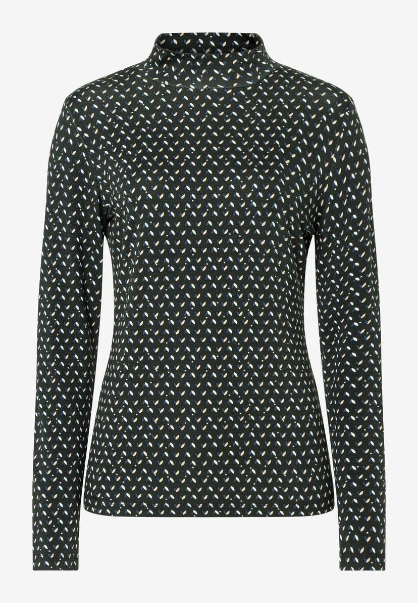 MORE & MORE Langarmshirt in Dunkelgrün mit kleinen Blatt-Mustern in Beige, Weiß und Blau.