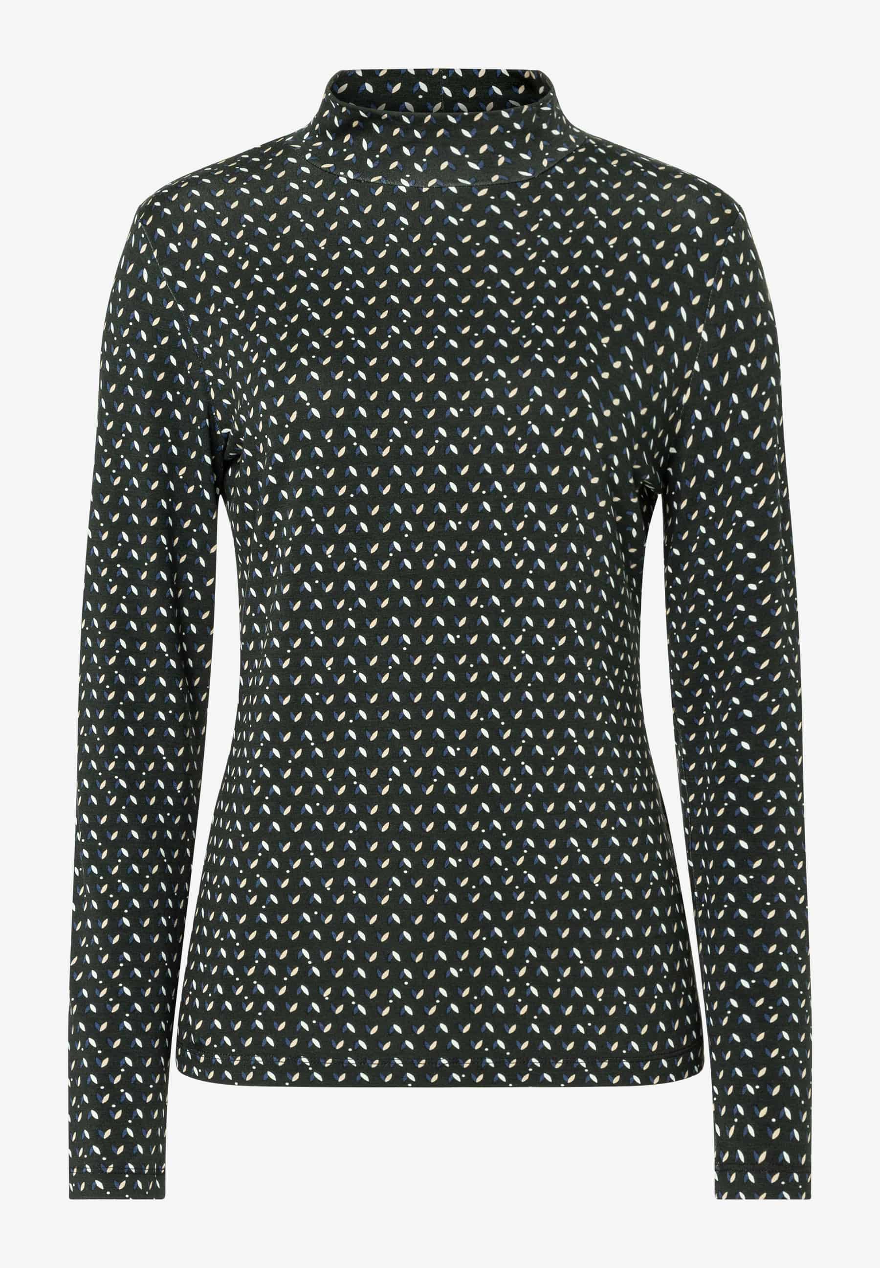 MORE & MORE Langarmshirt in Dunkelgrün mit kleinen Blatt-Mustern in Beige, Weiß und Blau.