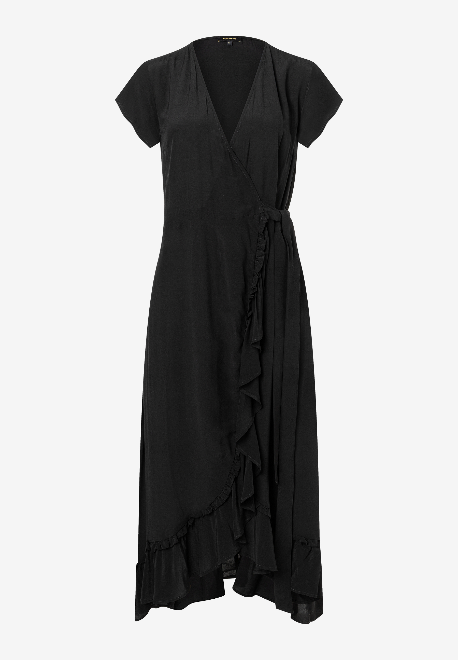 Ein schwarzes MORE & MORE Kleid mit Wickeloptik und Rüschen. Ein schwarzes MORE & MORE Kleid mit Wickeloptik und Rüschen.