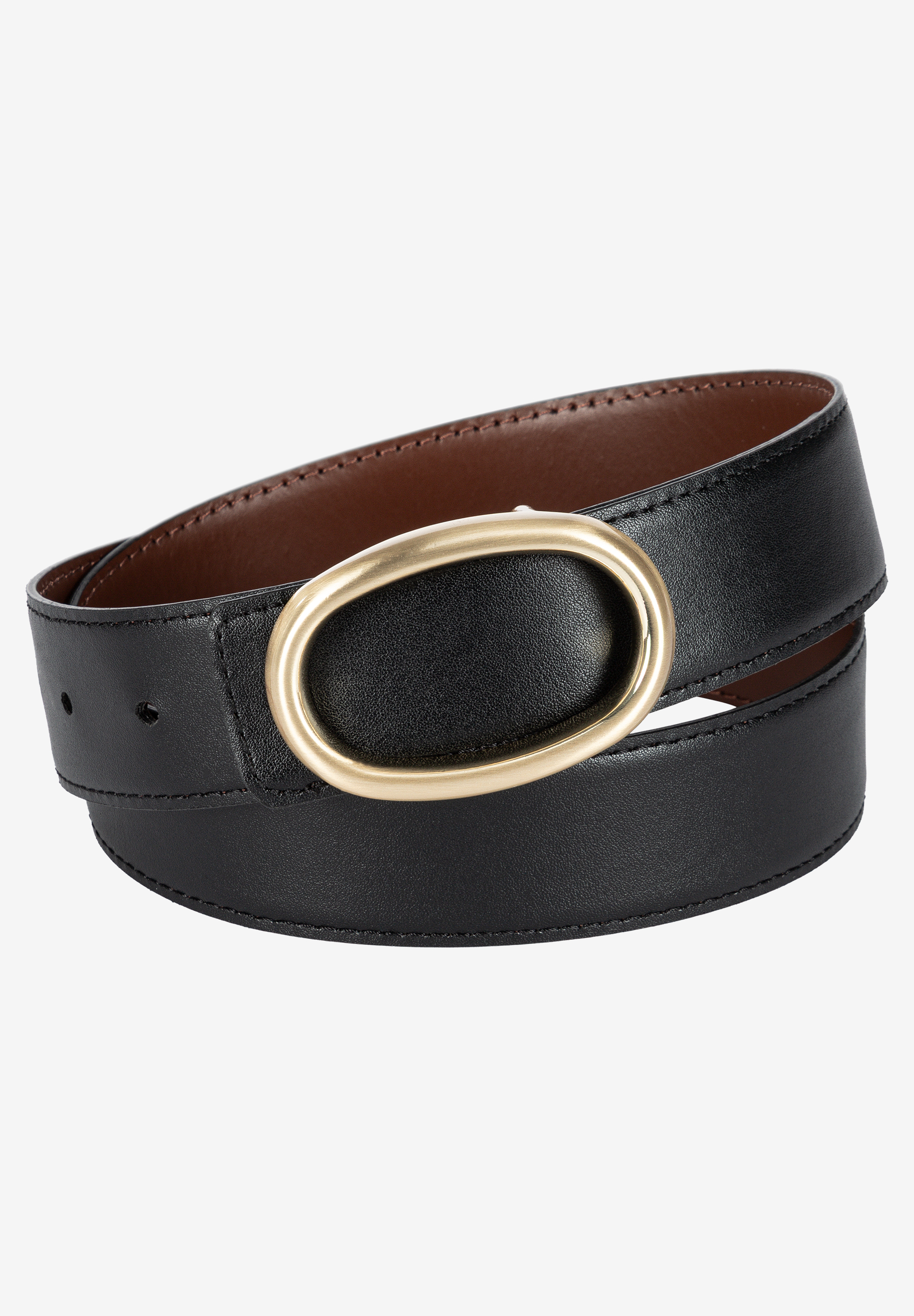 MORE & MORE Gürtel aus schwarzem Leder mit brauner Innenseite und goldener, ovaler Schnalle