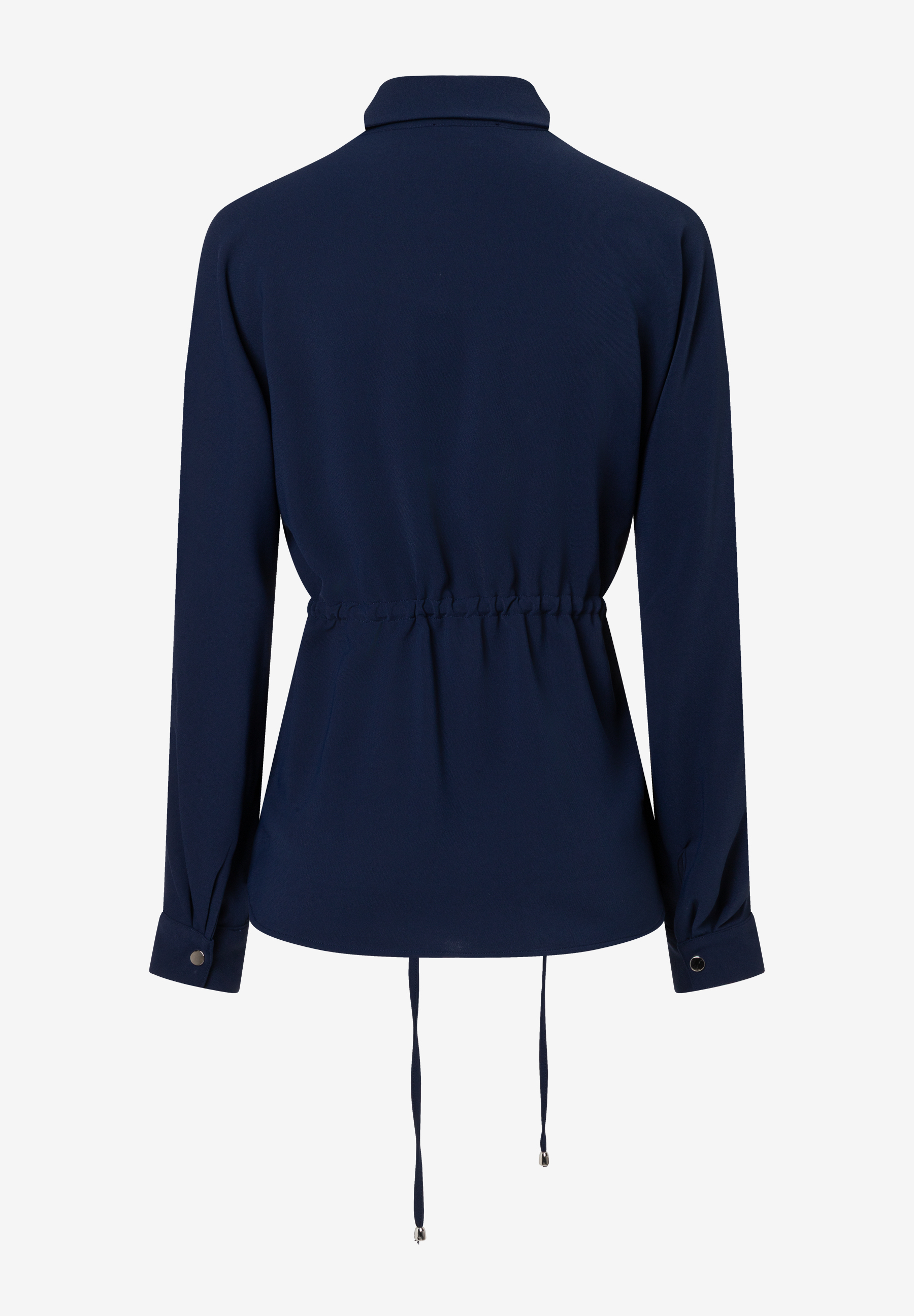 Rückansicht einer dunkelblauen MORE & MORE Bluse mit langen Ärmeln und Taillenschnur. Rückansicht einer dunkelblauen MORE & MORE Bluse mit langen Ärmeln und Taillenschnur.