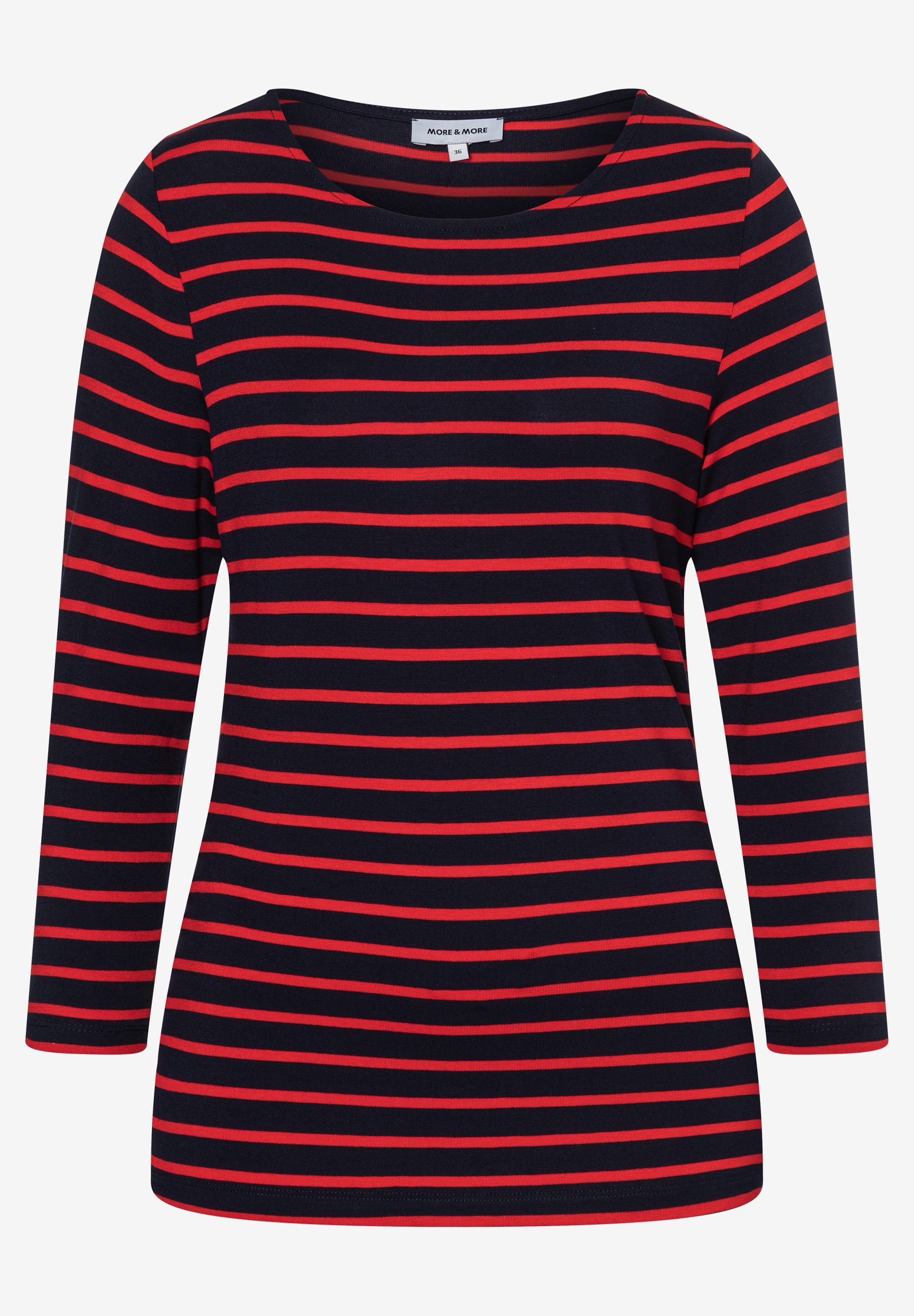 Ein MORE & MORE Oberteil, ein T-Shirt mit roten Streifen auf marineblauem Grund und Dreiviertelärmeln.