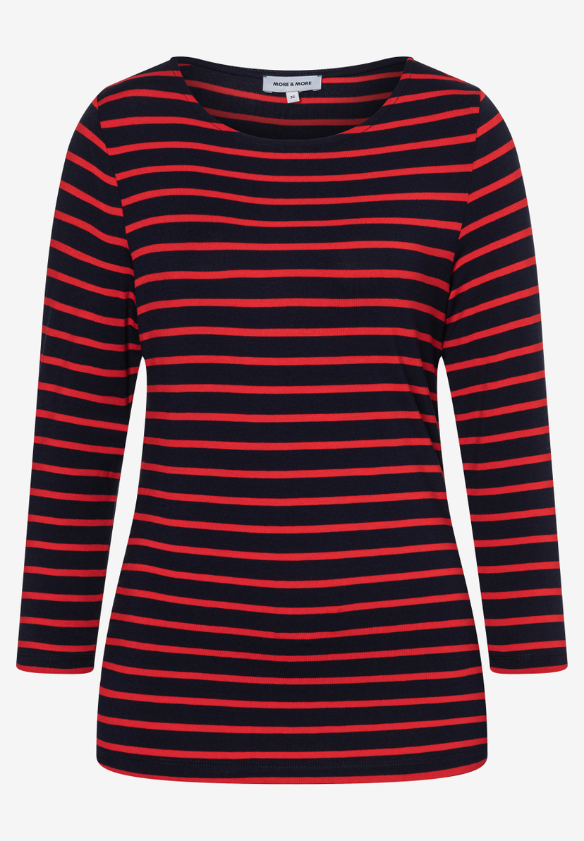 Ein MORE & MORE Oberteil, ein T-Shirt mit roten Streifen auf marineblauem Grund und Dreiviertelärmeln.