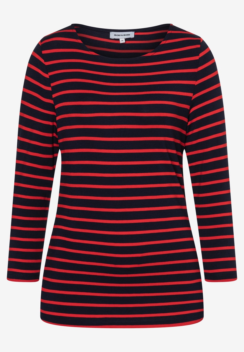 Ein MORE & MORE Oberteil, ein T-Shirt mit roten Streifen auf marineblauem Grund und Dreiviertelärmeln. Ein MORE & MORE Oberteil, ein T-Shirt mit roten Streifen auf marineblauem Grund und Dreiviertelärmeln.
