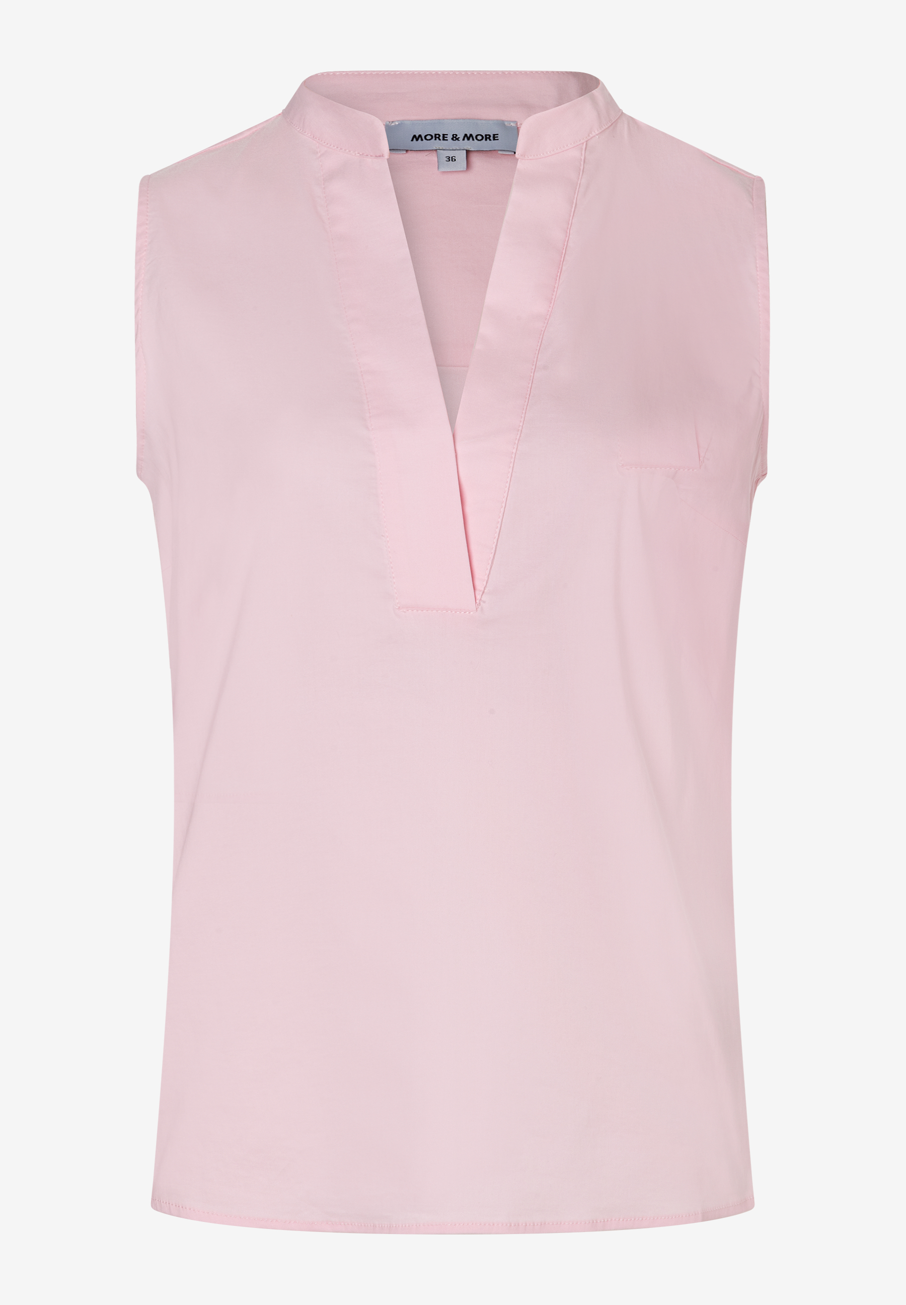 MORE & MORE Bluse: ärmelloses, rosa Oberteil mit V-Ausschnitt, Stehkragen und angedeuteter Brusttasche links.