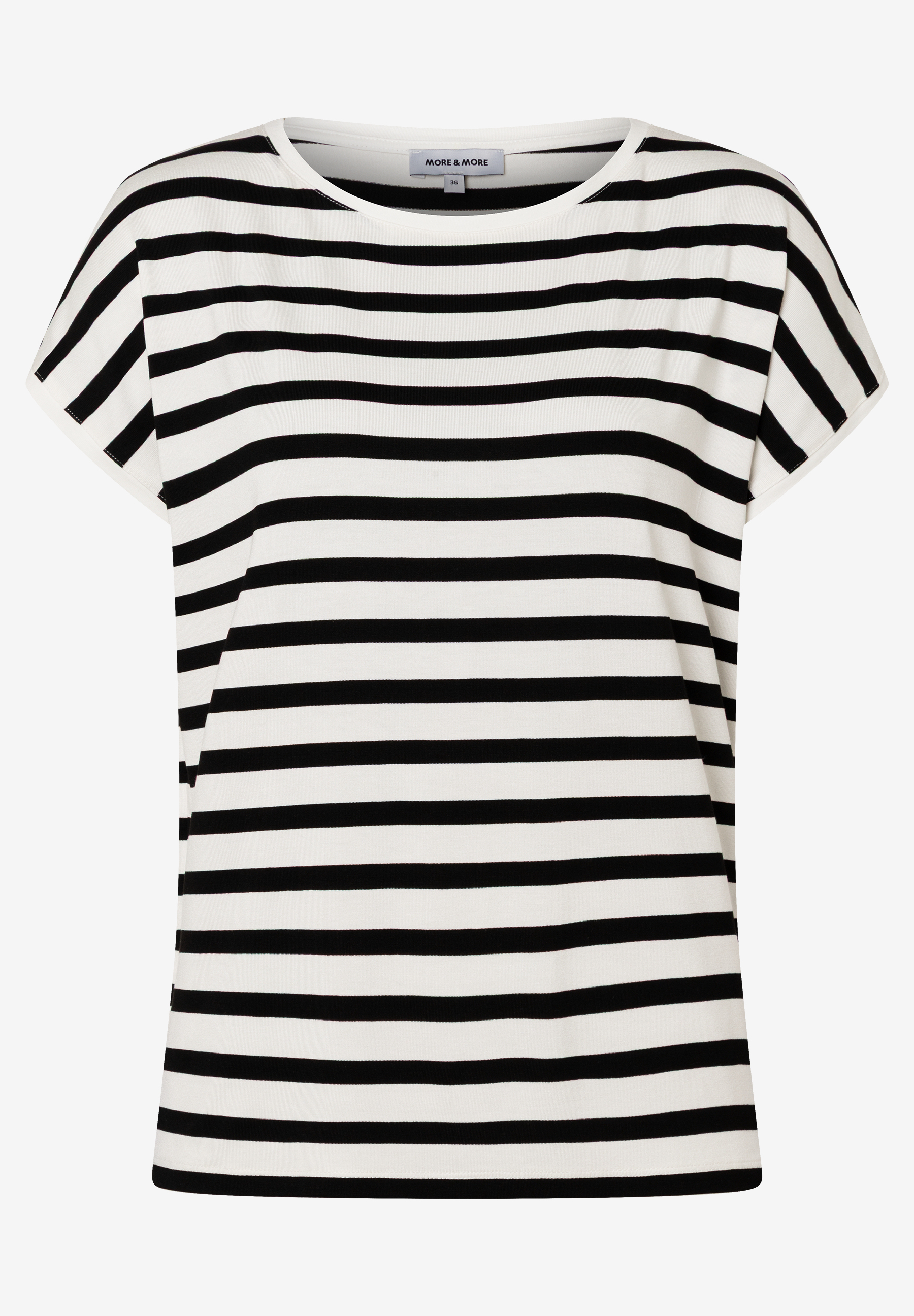Ein MORE & MORE T-Shirt mit schwarzen, horizontalen Streifen auf weißem Jersey-Stoff. Ein MORE & MORE T-Shirt mit schwarzen, horizontalen Streifen auf weißem Jersey-Stoff.