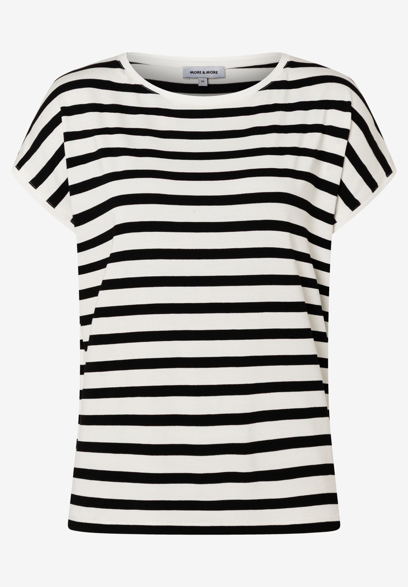 Ein MORE & MORE T-Shirt mit schwarzen, horizontalen Streifen auf weißem Jersey-Stoff. Ein MORE & MORE T-Shirt mit schwarzen, horizontalen Streifen auf weißem Jersey-Stoff.