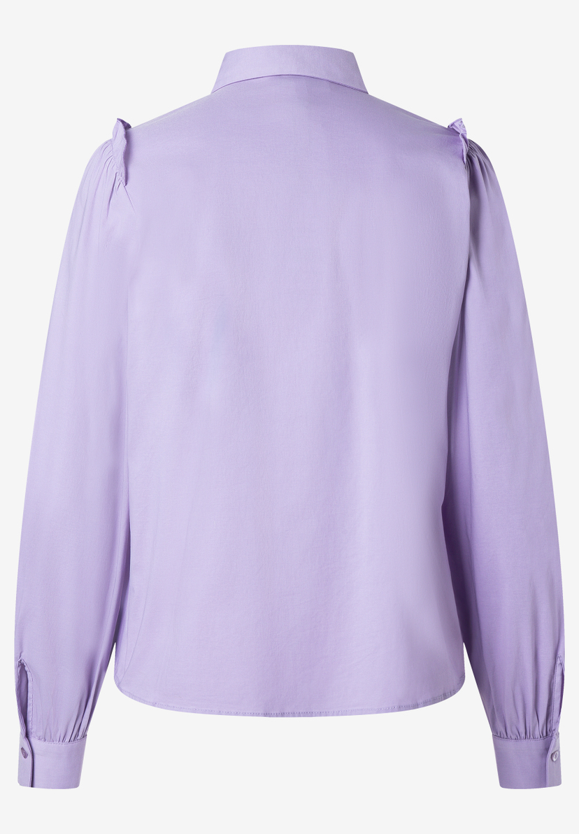 MORE & MORE Damen-Bluse in Lila, Rückseite, mit Kragen, gerafften Schultern und geknöpften Manschetten. MORE & MORE Damen-Bluse in Lila, Rückseite, mit Kragen, gerafften Schultern und geknöpften Manschetten.