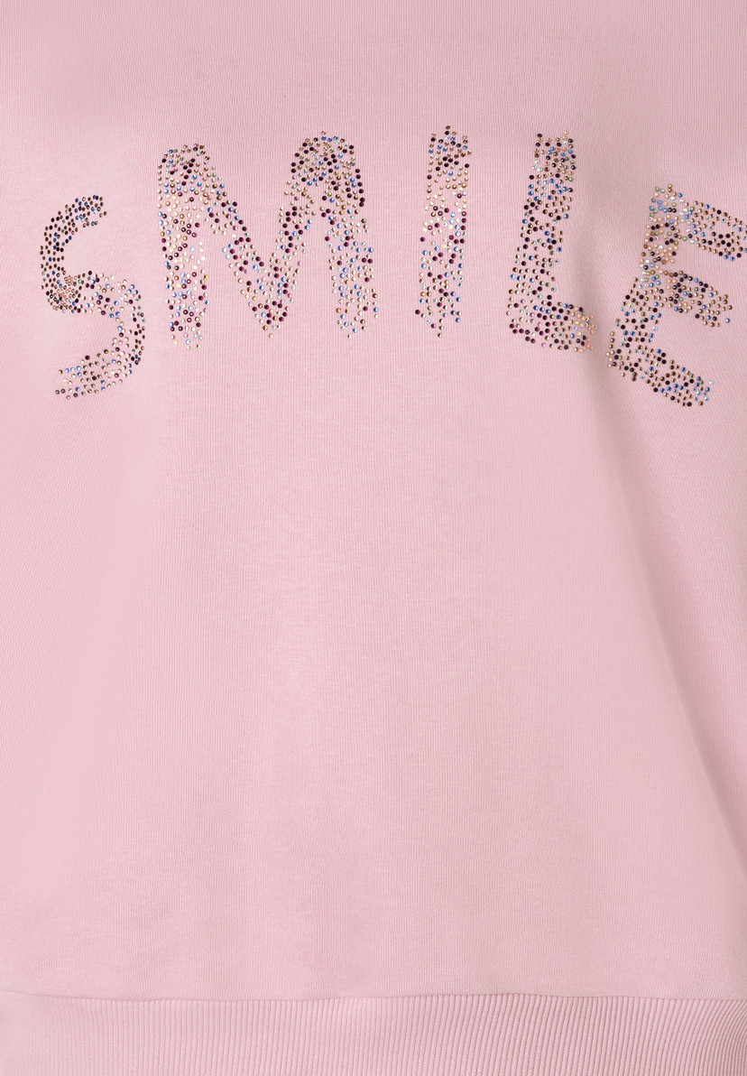 MORE & MORE Sweatshirt: Rosa Oberteil mit glitzerndem "SMILE"-Schriftzug. Angenehmer Tragekomfort, elastisch, hautfreundlich.