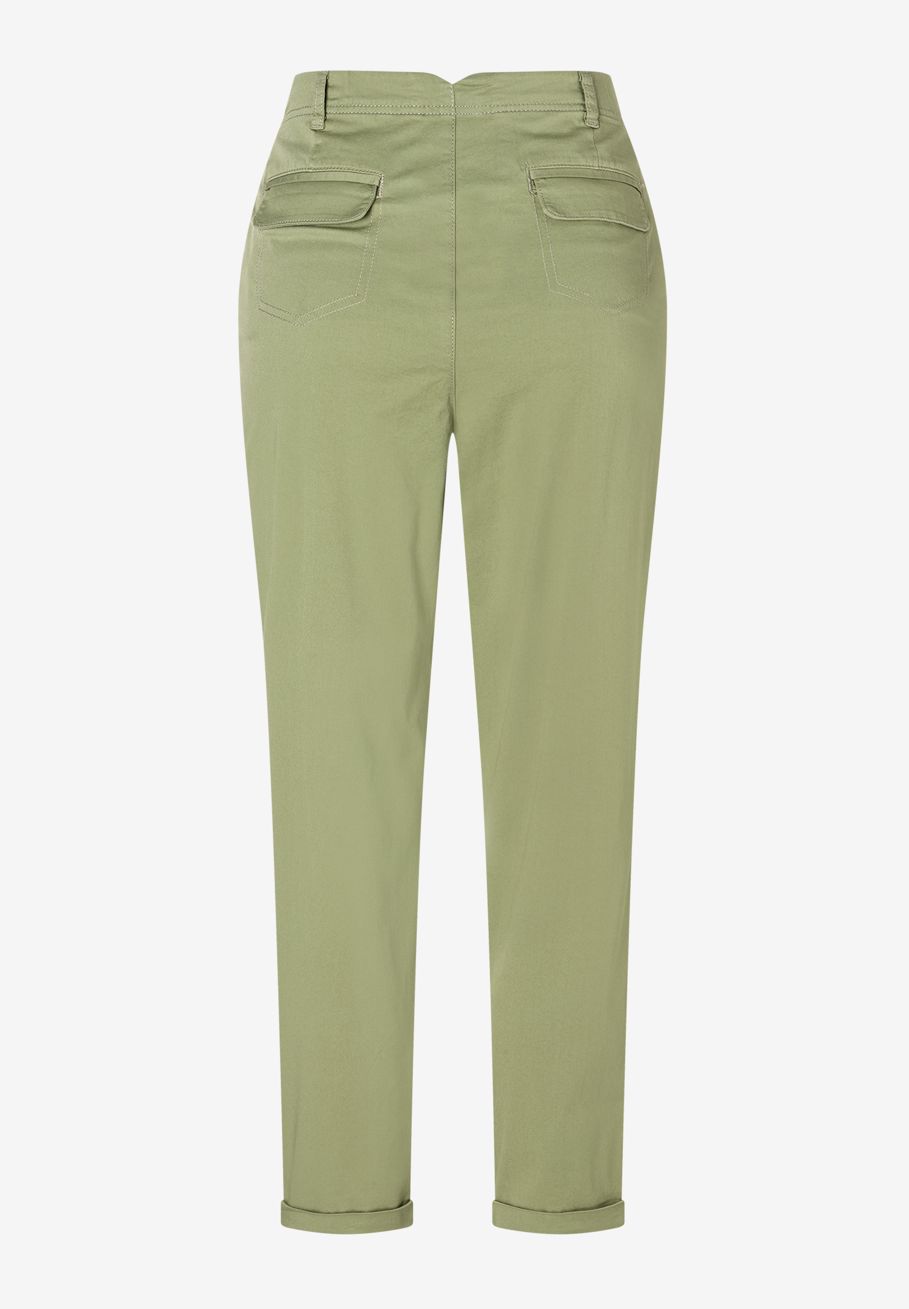 Helle, olivgrüne MORE & MORE Hose aus Baumwollmix mit Twill-Bindung und hochgekrempelten Hosenbeinen von hinten. Helle, olivgrüne MORE & MORE Hose aus Baumwollmix mit Twill-Bindung und hochgekrempelten Hosenbeinen von hinten.