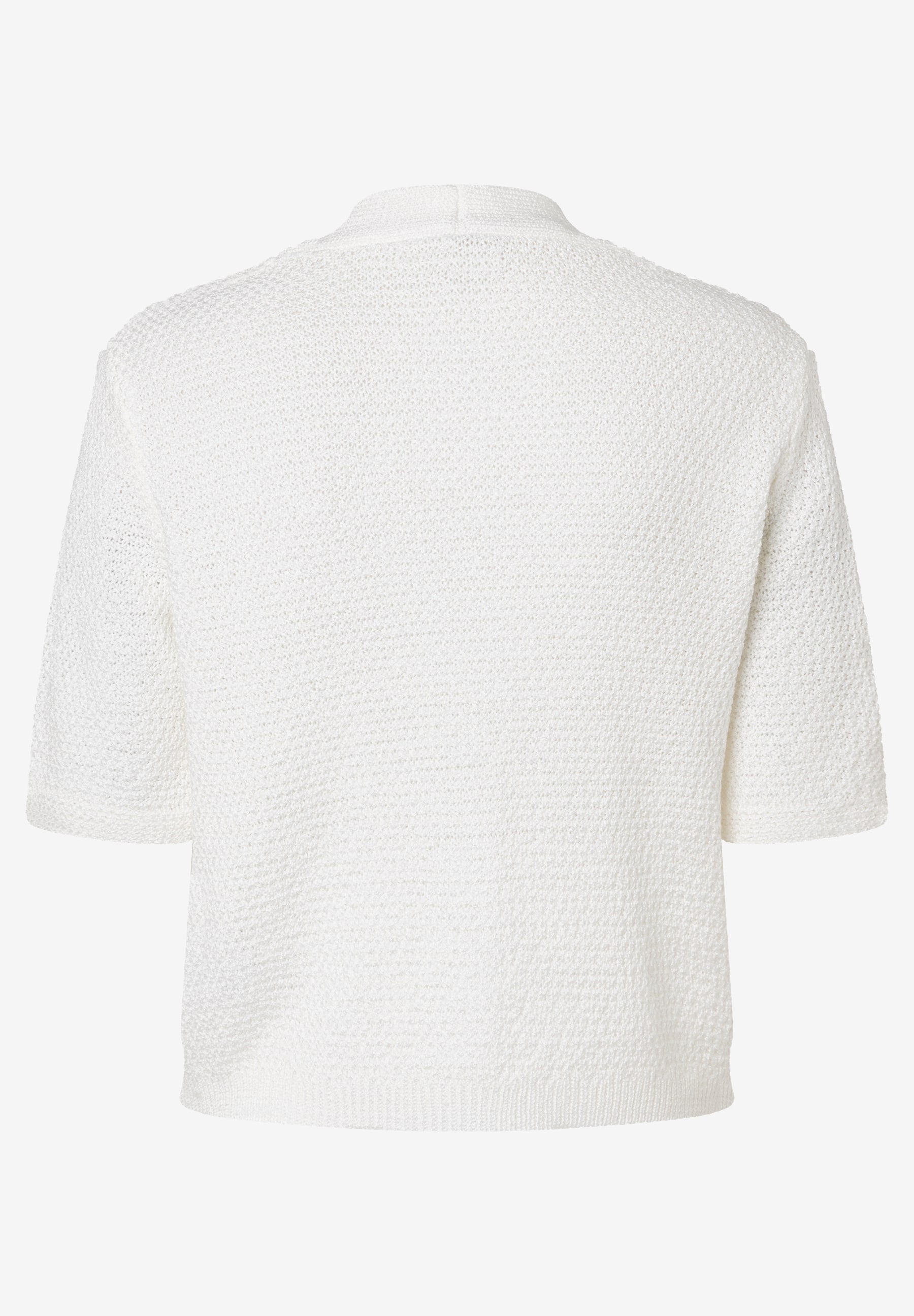 Rückansicht eines weißen MORE & MORE Strickpullovers mit kurzen Ärmeln. Rückansicht eines weißen MORE & MORE Strickpullovers mit kurzen Ärmeln.