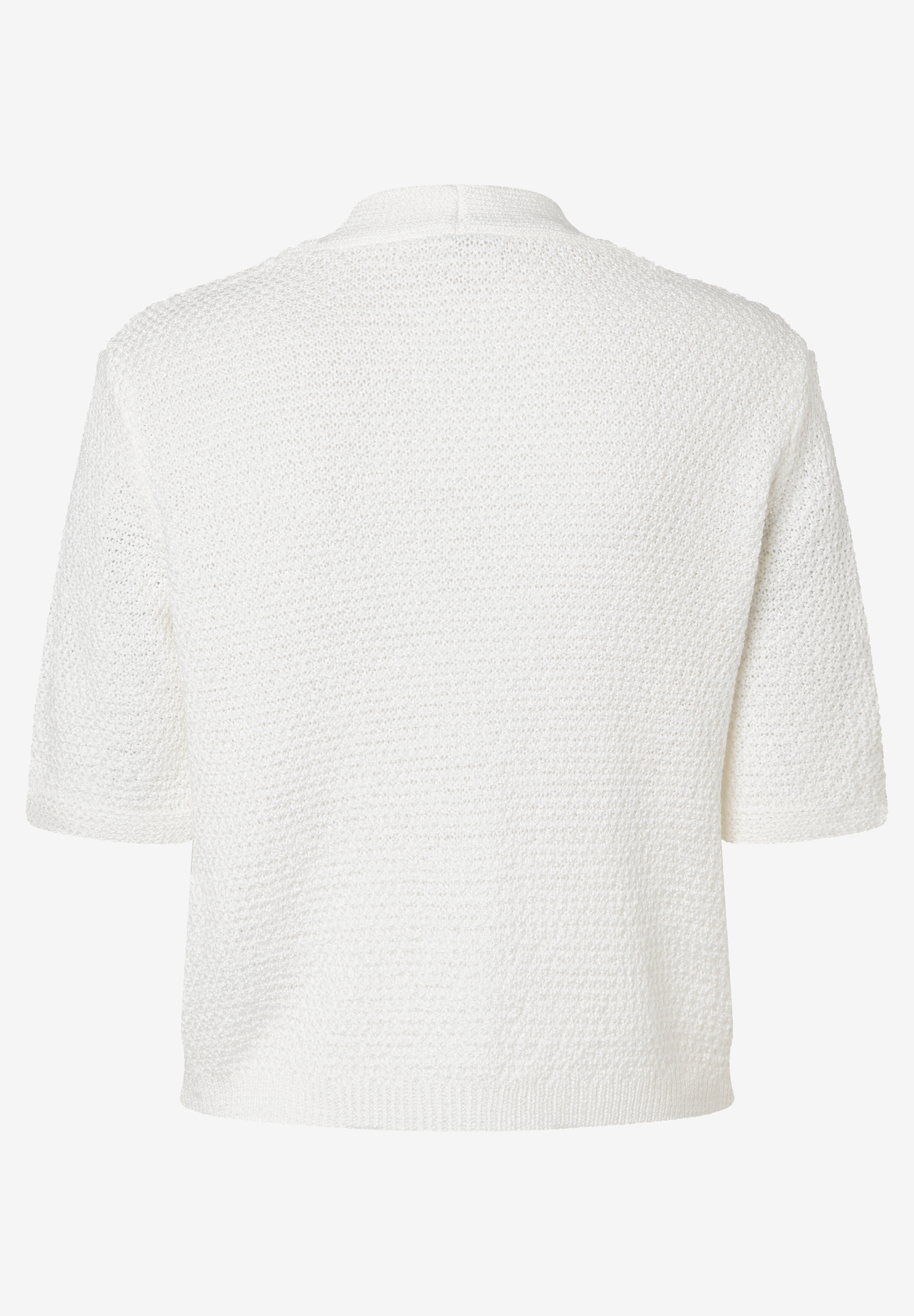 Rückansicht eines weißen MORE & MORE Strickpullovers mit kurzen Ärmeln. Rückansicht eines weißen MORE & MORE Strickpullovers mit kurzen Ärmeln.