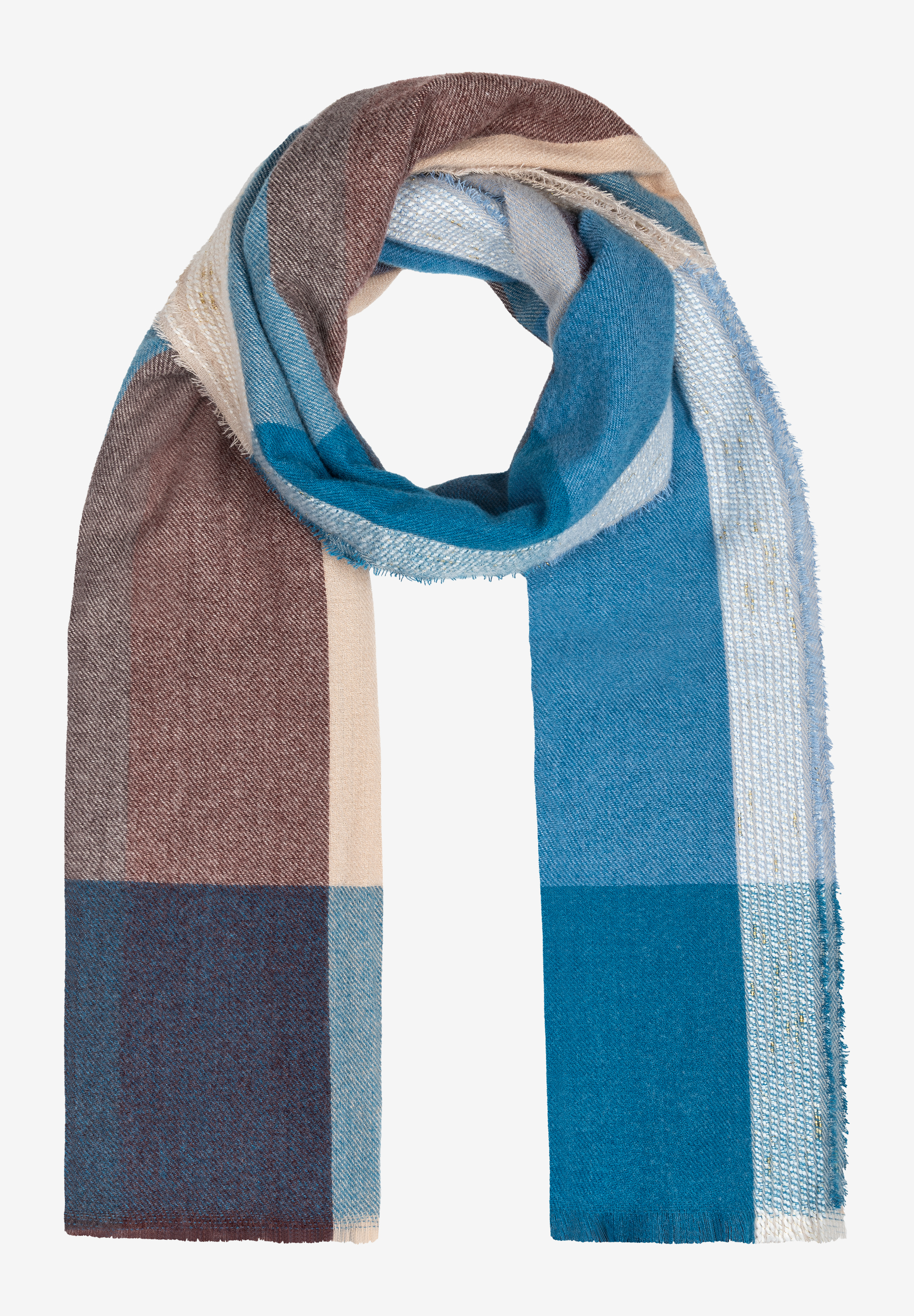 Ein MORE & MORE-Accessoire: ein karierter Schal in Blau-, Braun- und Beigetönen vor einem weißen Hintergrund. Ein MORE & MORE-Accessoire: ein karierter Schal in Blau-, Braun- und Beigetönen vor einem weißen Hintergrund.