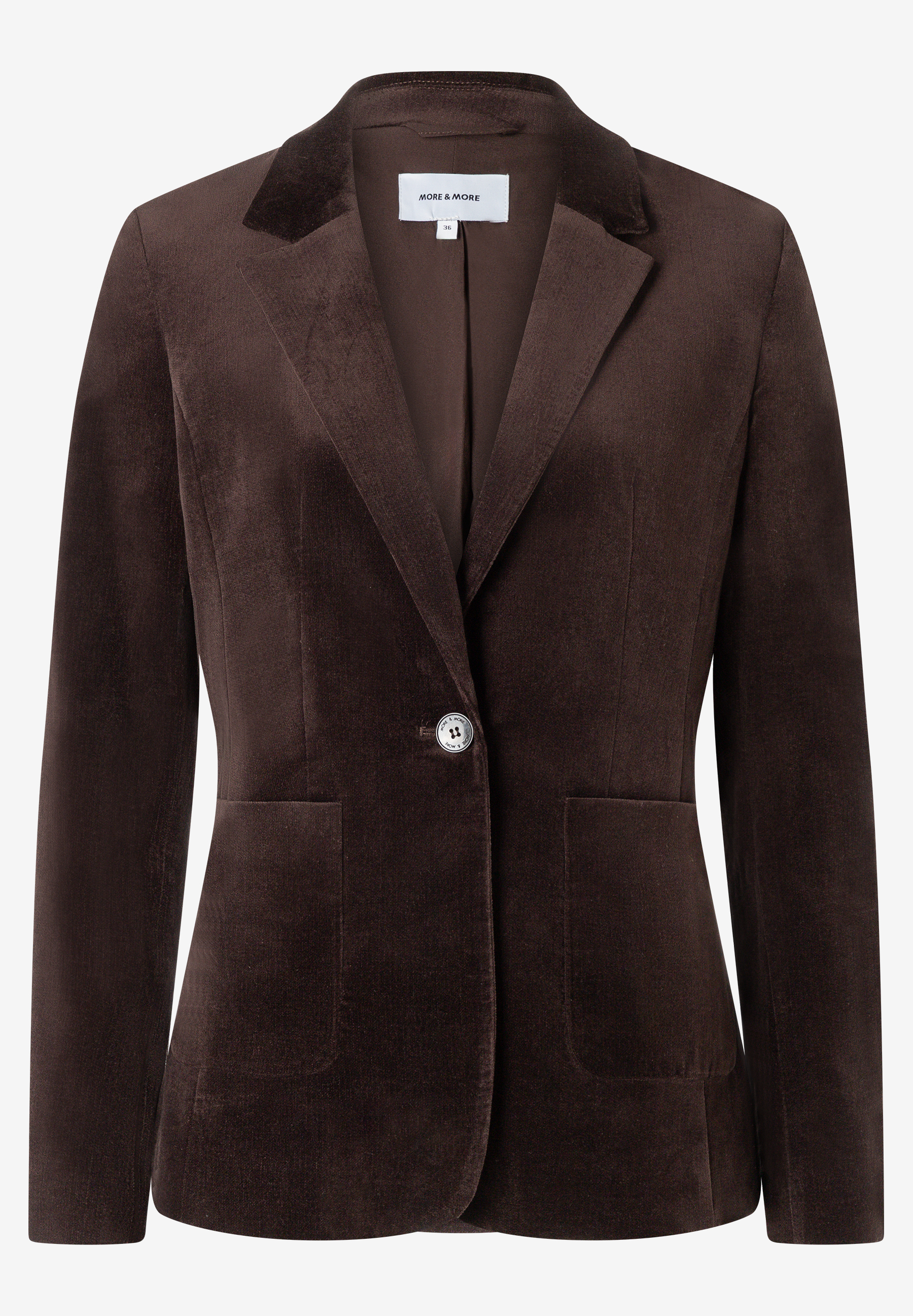 MORE & MORE Blazer in Dunkelbraun mit Samtkragen und einem einzelnen Knopf. Zwei aufgesetzte Taschen.