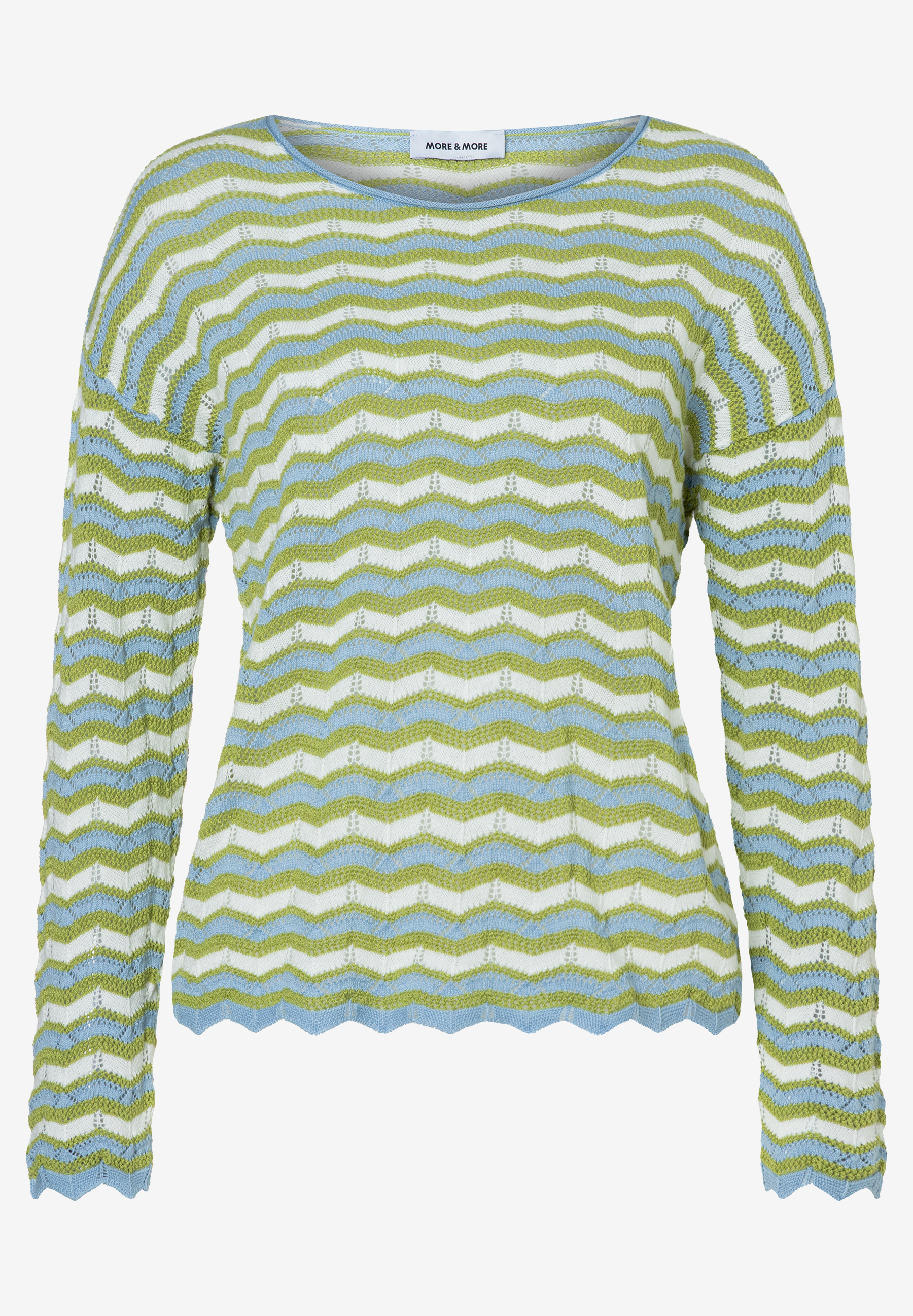 Ein MORE & MORE Lochstrick-Pullover mit blau-grün-weißem Zickzackmuster. Ein MORE & MORE Lochstrick-Pullover mit blau-grün-weißem Zickzackmuster.