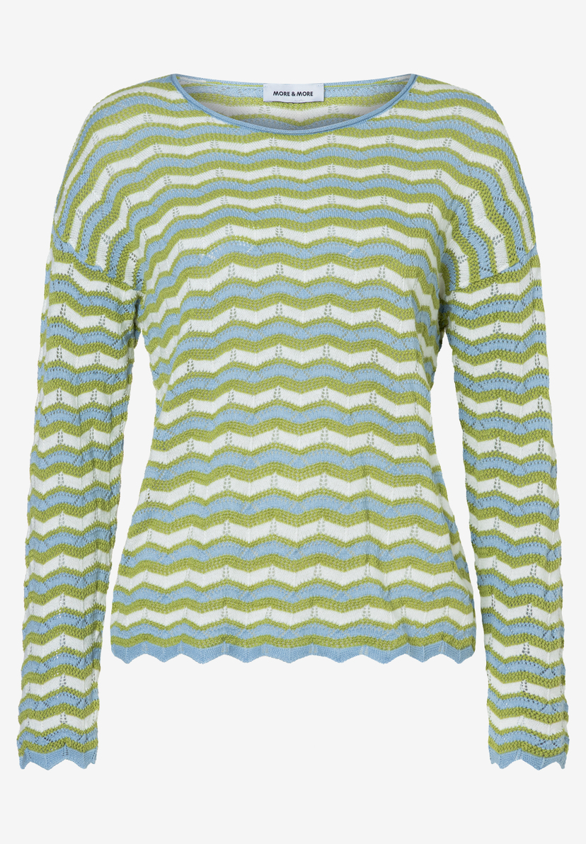 Ein MORE & MORE Lochstrick-Pullover mit blau-grün-weißem Zickzackmuster. Ein MORE & MORE Lochstrick-Pullover mit blau-grün-weißem Zickzackmuster.