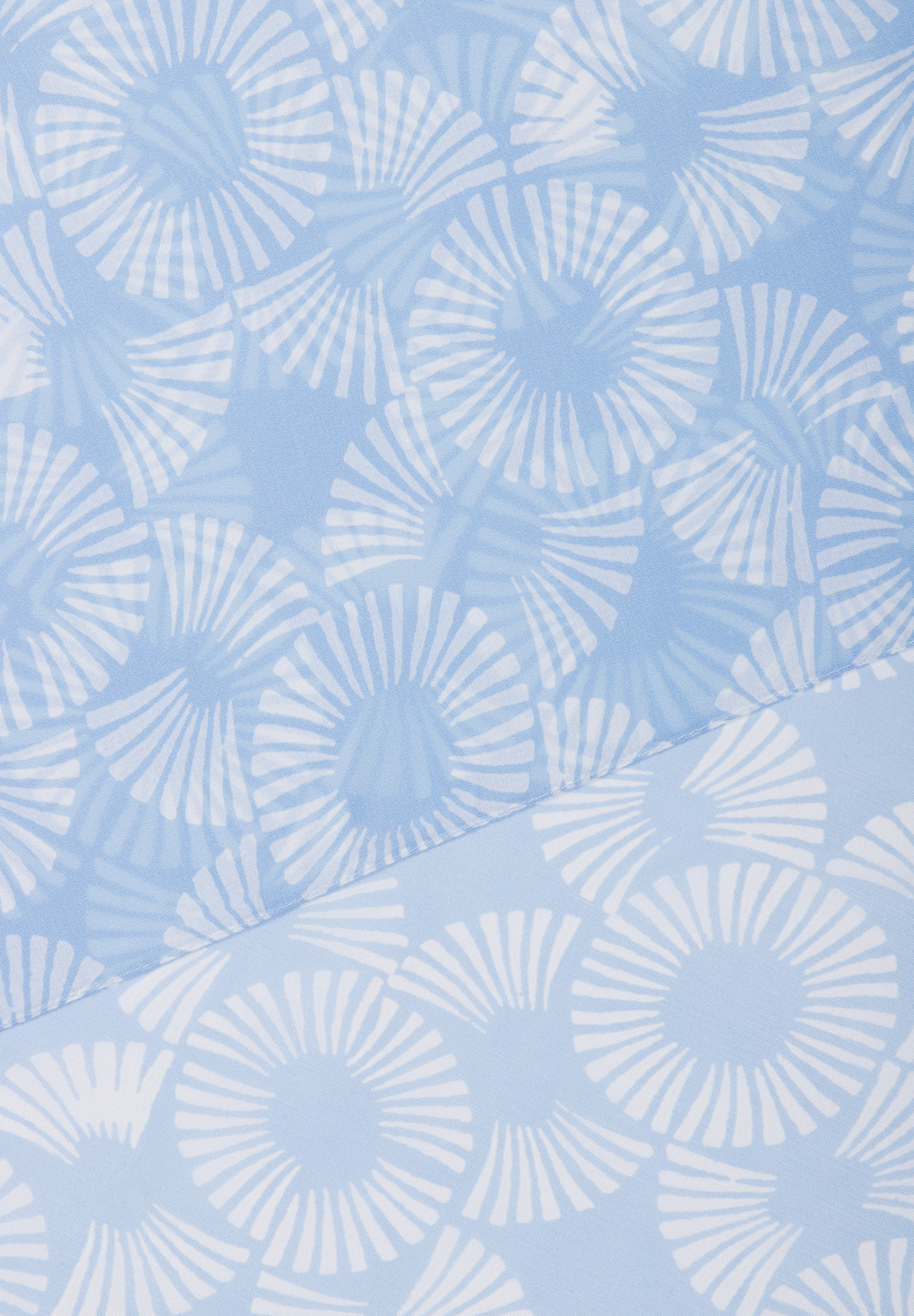 Ein hellblaues MORE & MORE Accessoire mit einem Muster aus weißen Blütenblättern um eine zentrale Scheibe. Ein hellblaues MORE & MORE Accessoire mit einem Muster aus weißen Blütenblättern um eine zentrale Scheibe.