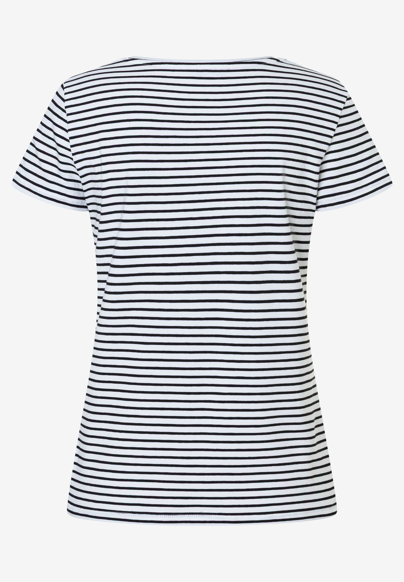 Ein MORE & MORE T-Shirt mit schwarzen Streifen auf weißem Grund. Ein MORE & MORE T-Shirt mit schwarzen Streifen auf weißem Grund.