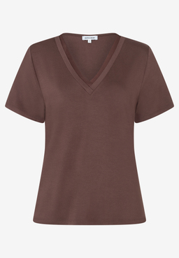MORE & MORE Damen T-Shirt in Dunkelbraun, mit V-Ausschnitt, aus elastischem Jersey-Material