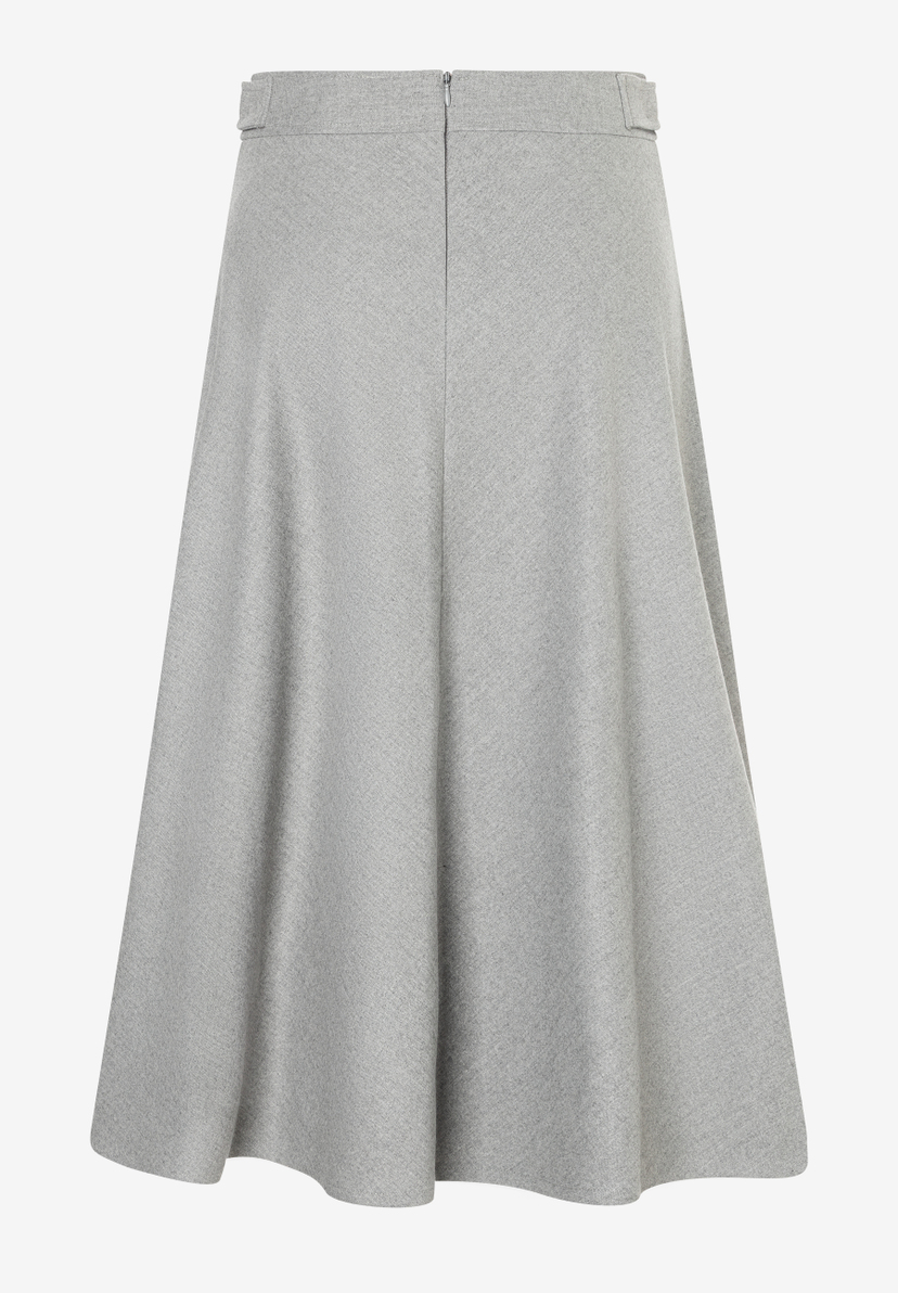 Ein grauer MORE & MORE Rock, ausgestellt, mit hohem Bund und Reißverschluss hinten. Ein grauer MORE & MORE Rock, ausgestellt, mit hohem Bund und Reißverschluss hinten.