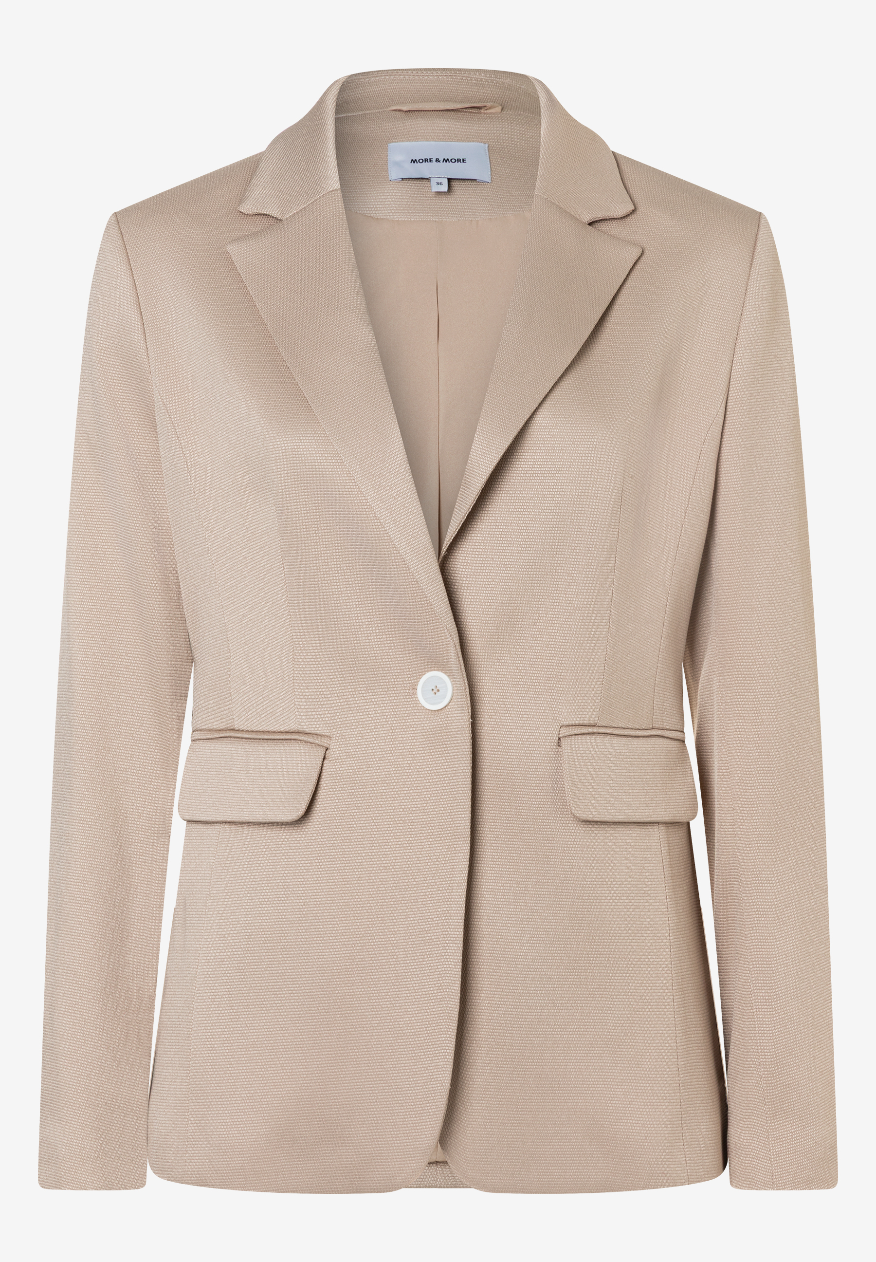 Ein beiger MORE & MORE Blazer, Oberteil mit Knöpfen und Taschen. Ein beiger MORE & MORE Blazer, Oberteil mit Knöpfen und Taschen.