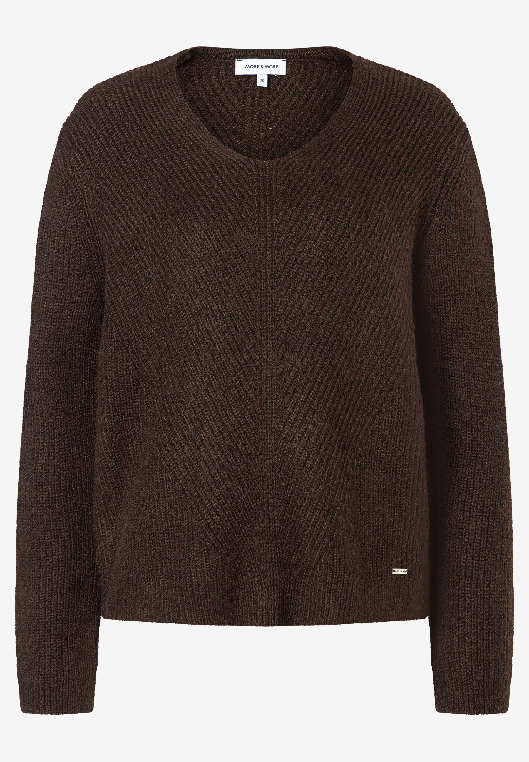 Ein brauner Rippstrick-Pullover von MORE & MORE mit V-Ausschnitt. Angenehmer Tragekomfort und wärmendes Material. Ein brauner Rippstrick-Pullover von MORE & MORE mit V-Ausschnitt. Angenehmer Tragekomfort und wärmendes Material.