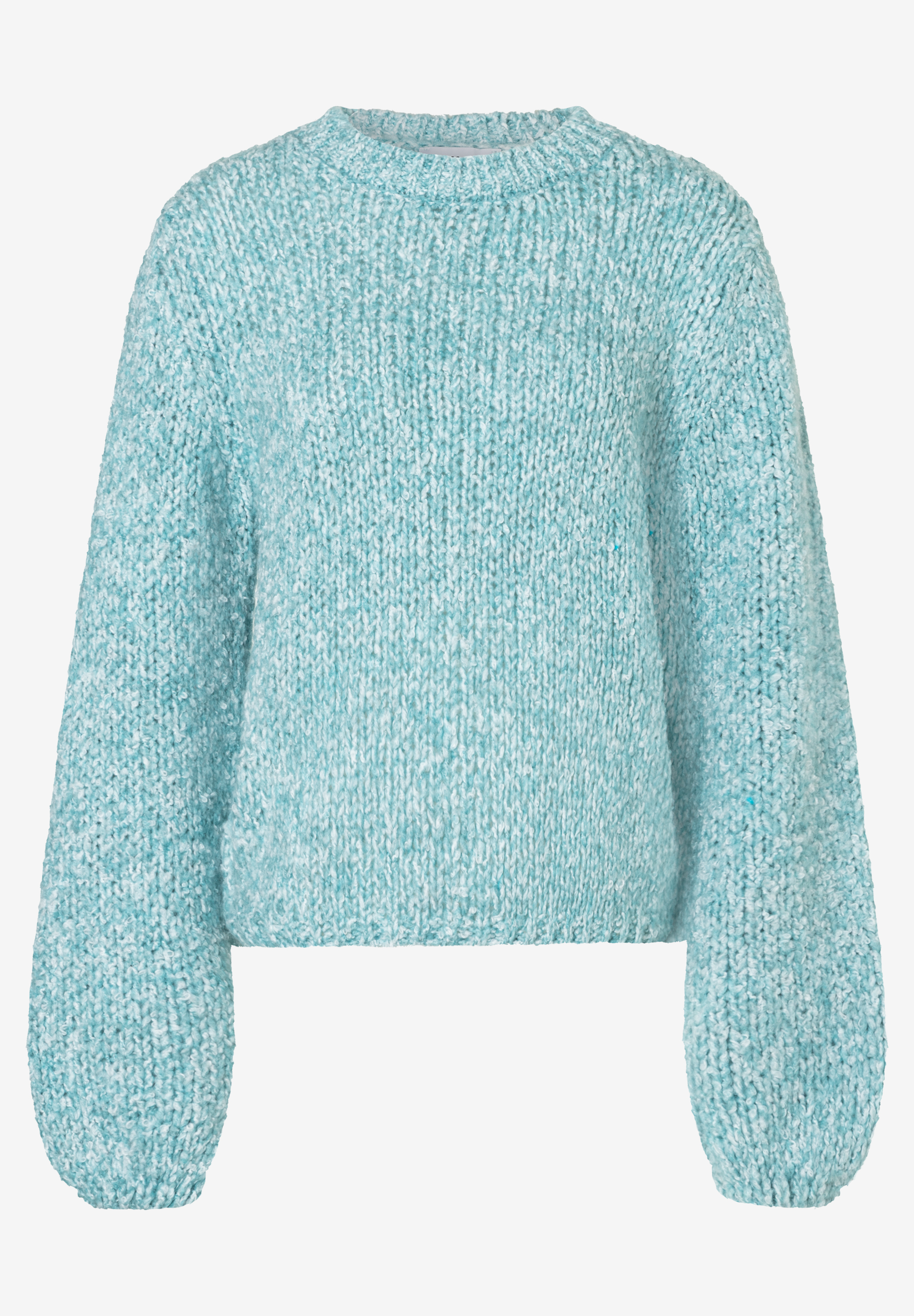 Ein helltürkiser MORE & MORE Strickpullover mit Bouclé-Textur und langen Ärmeln liegt vor einem weißen Hintergrund. Ein helltürkiser MORE & MORE Strickpullover mit Bouclé-Textur und langen Ärmeln liegt vor einem weißen Hintergrund.